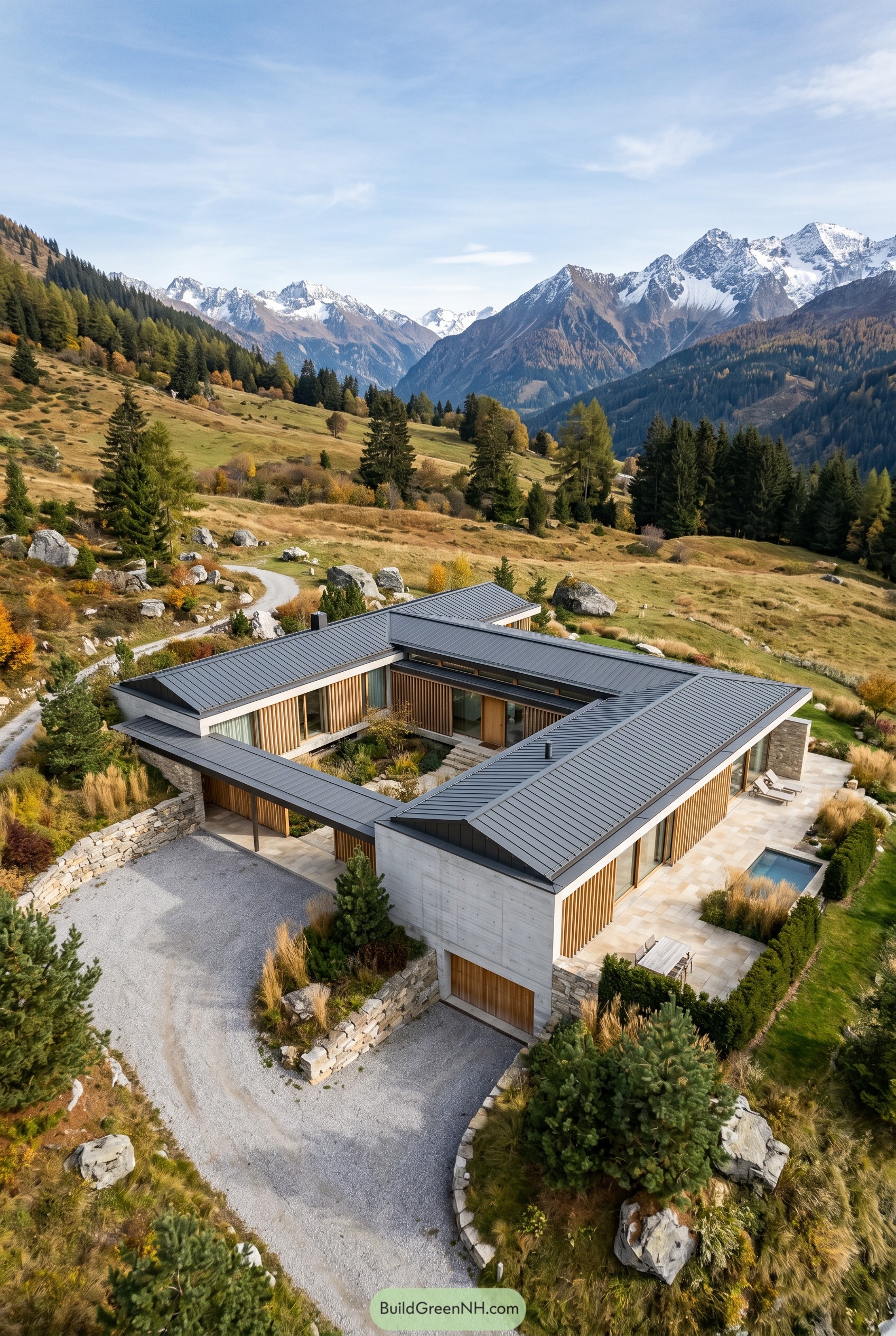 One story modern villa with central courtyard in an alpine valley