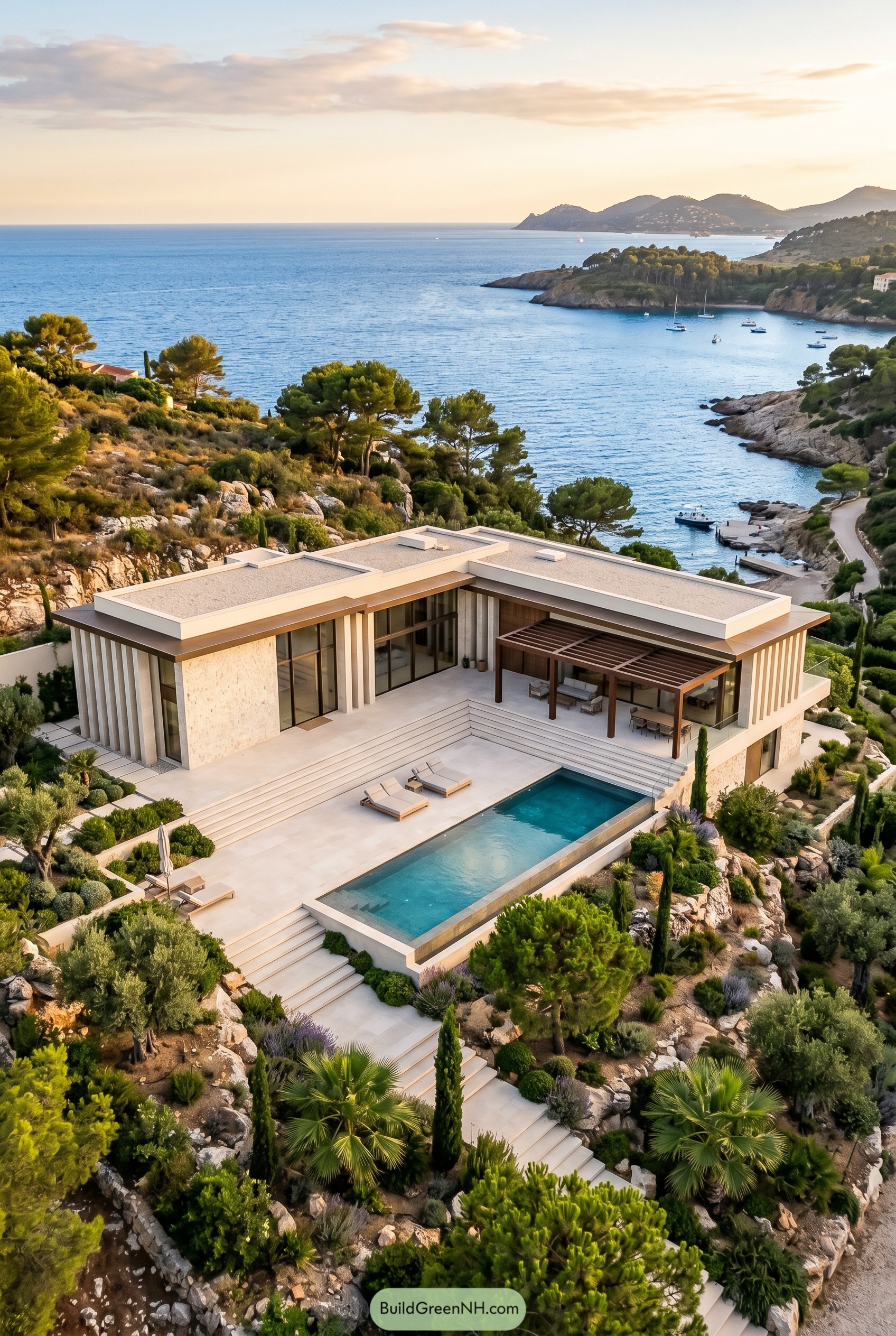 Modern hillside villa with pool above a cove