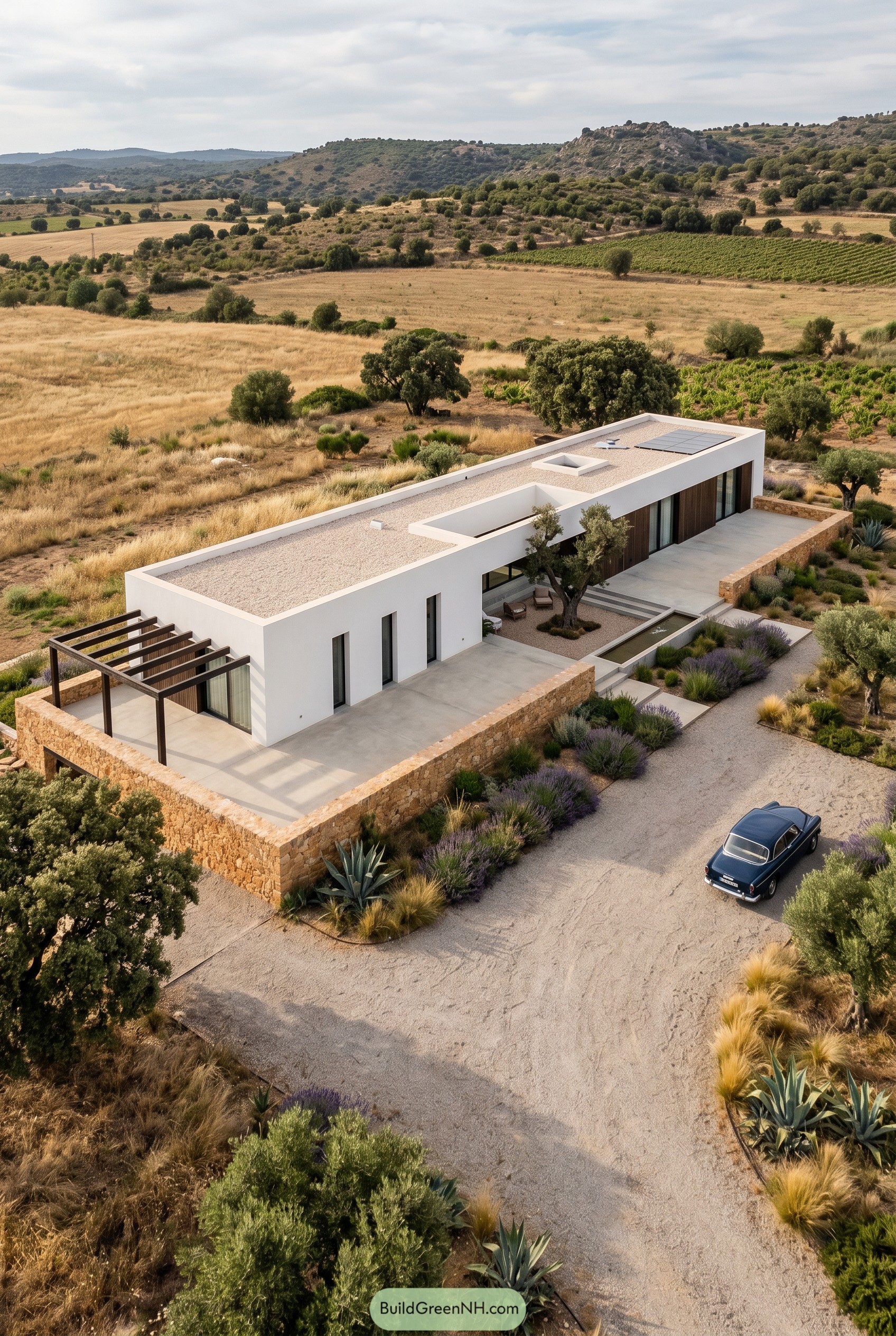Linear white villa with stone terrace in dry countryside