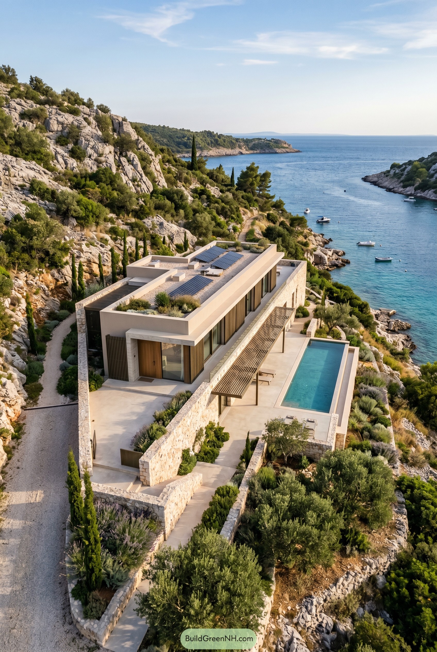 Linear stone villa on rocky seaside slope with pool