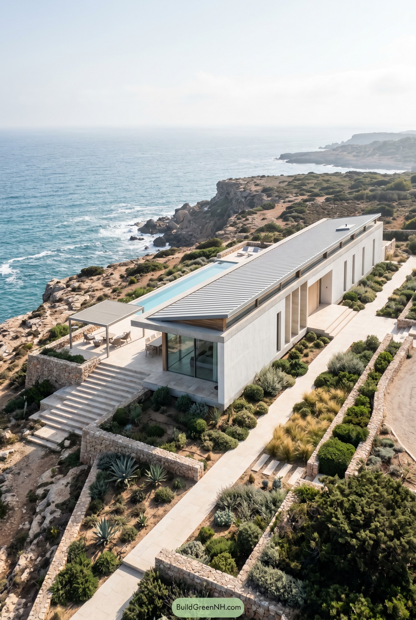 One story modern villa on a rocky coast