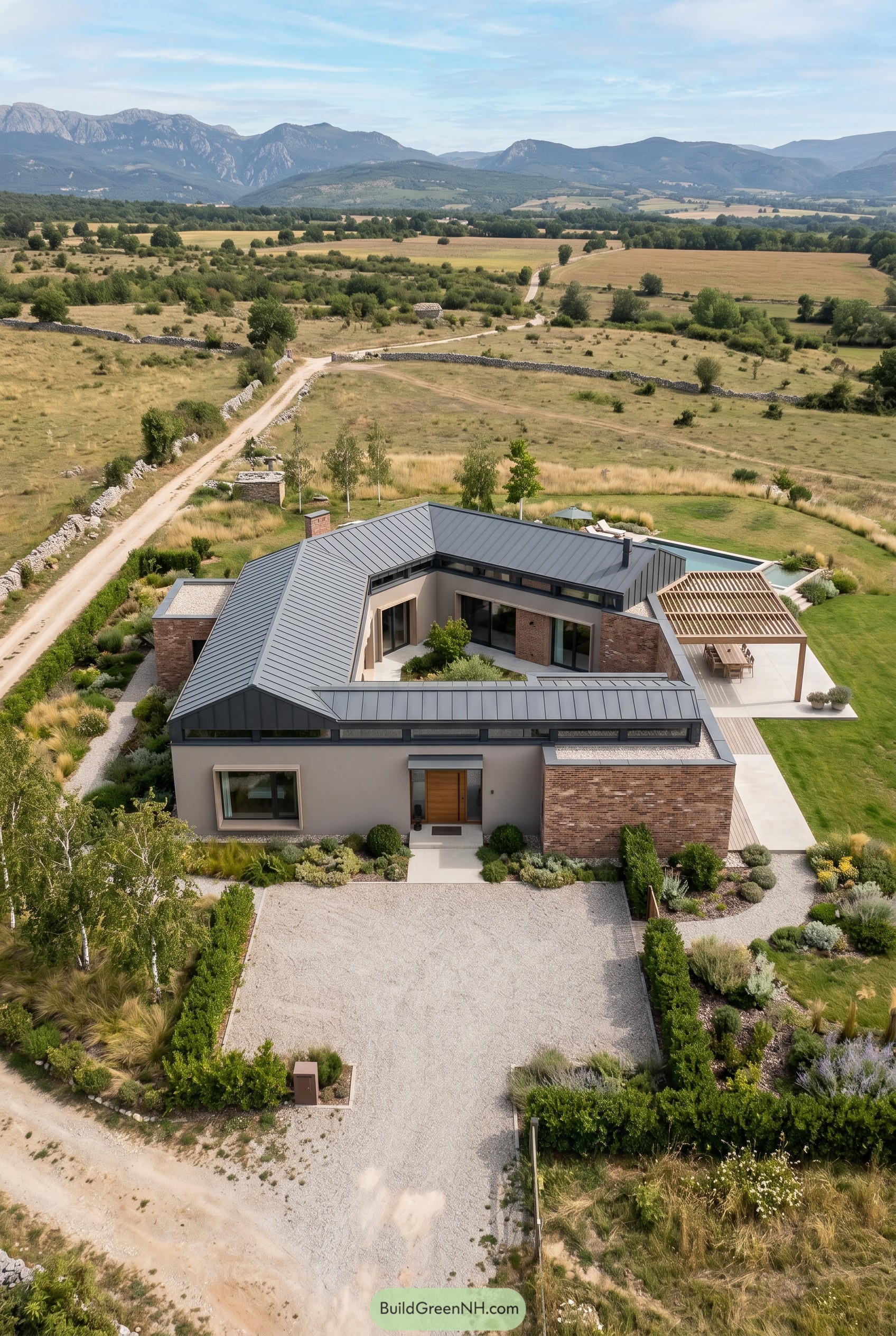 Aerial view of modern courtyard villa in open valley
