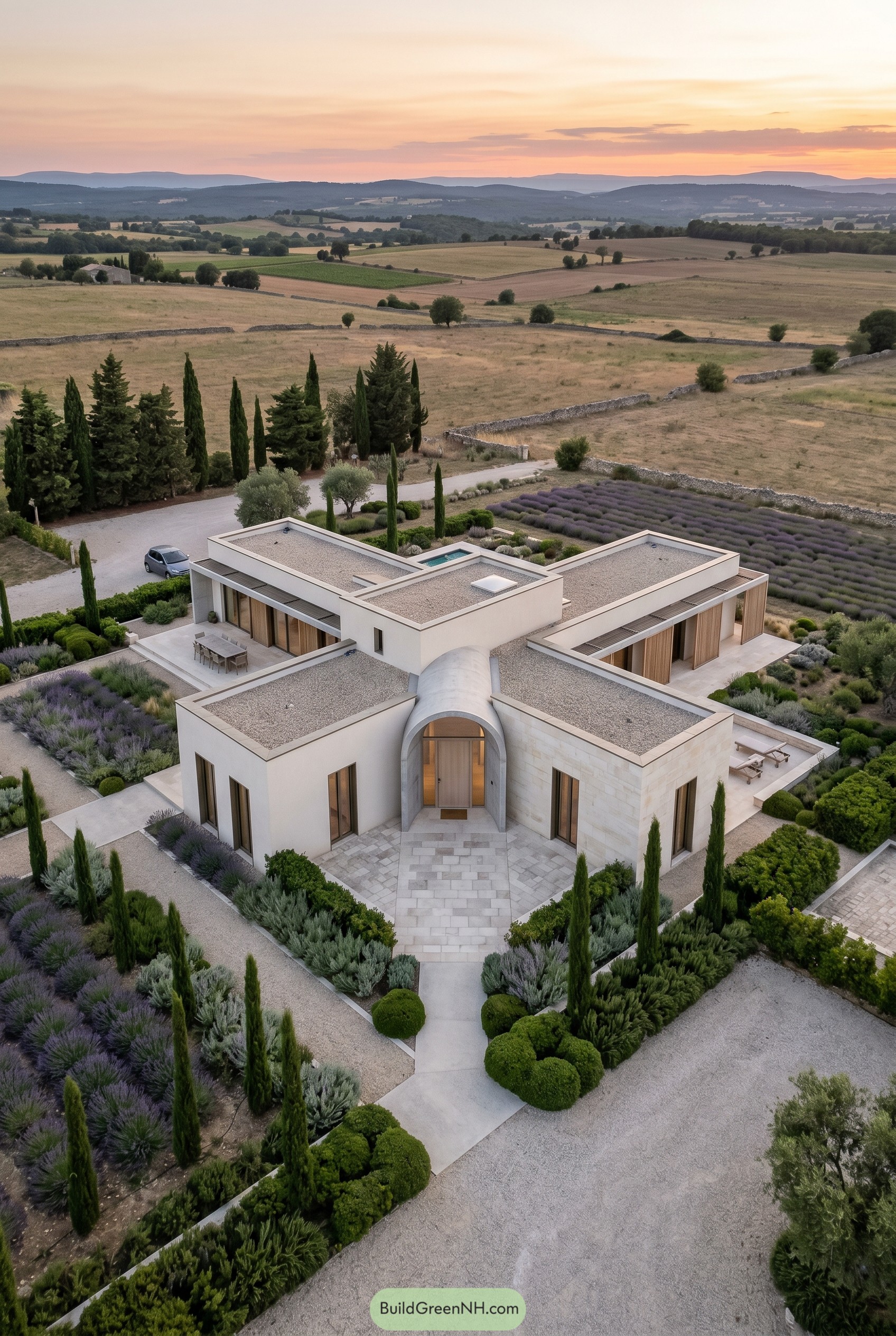 Aerial view of cruciform stone villa with lavender gardens
