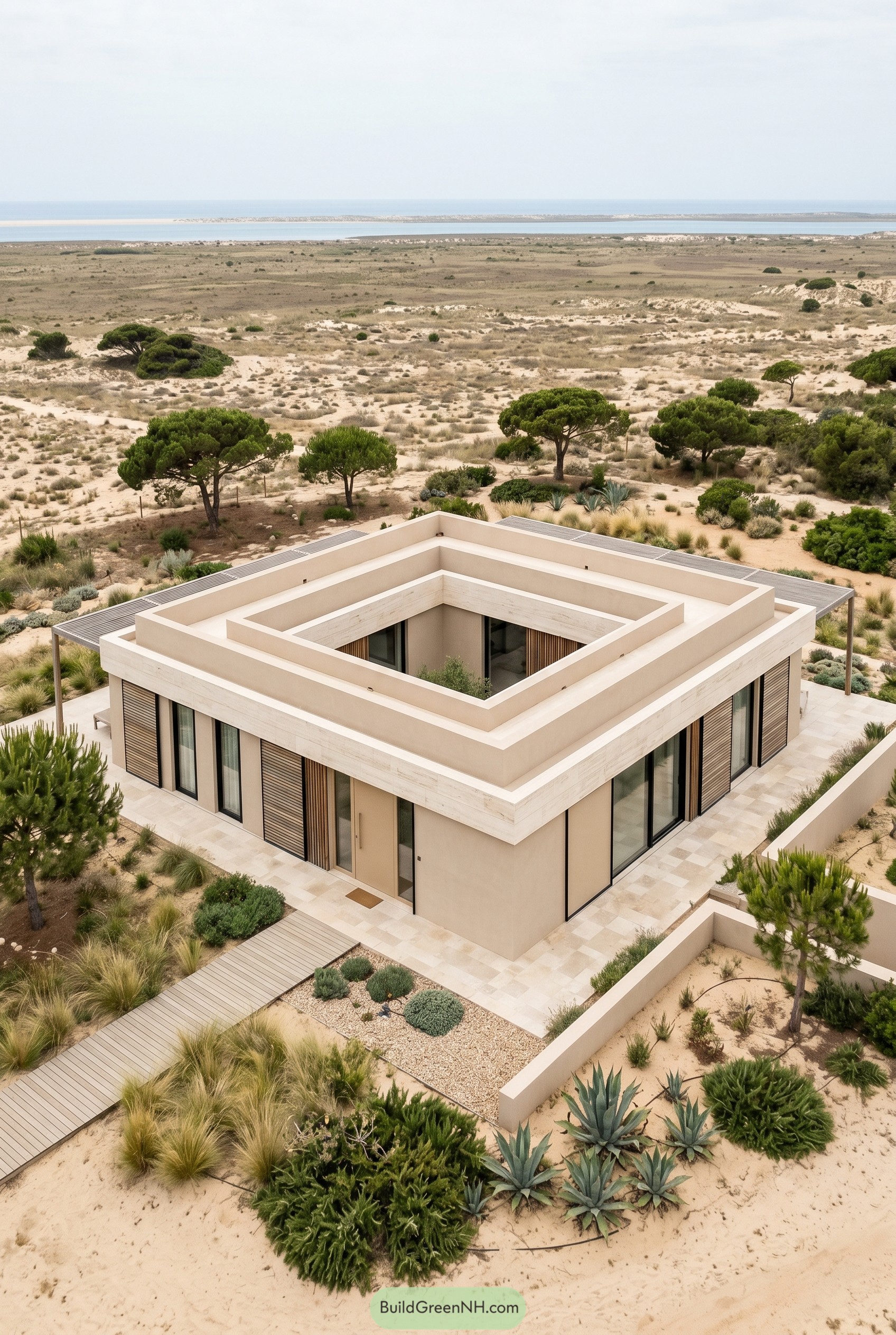 Square one story villa with central courtyard in coastal dunes