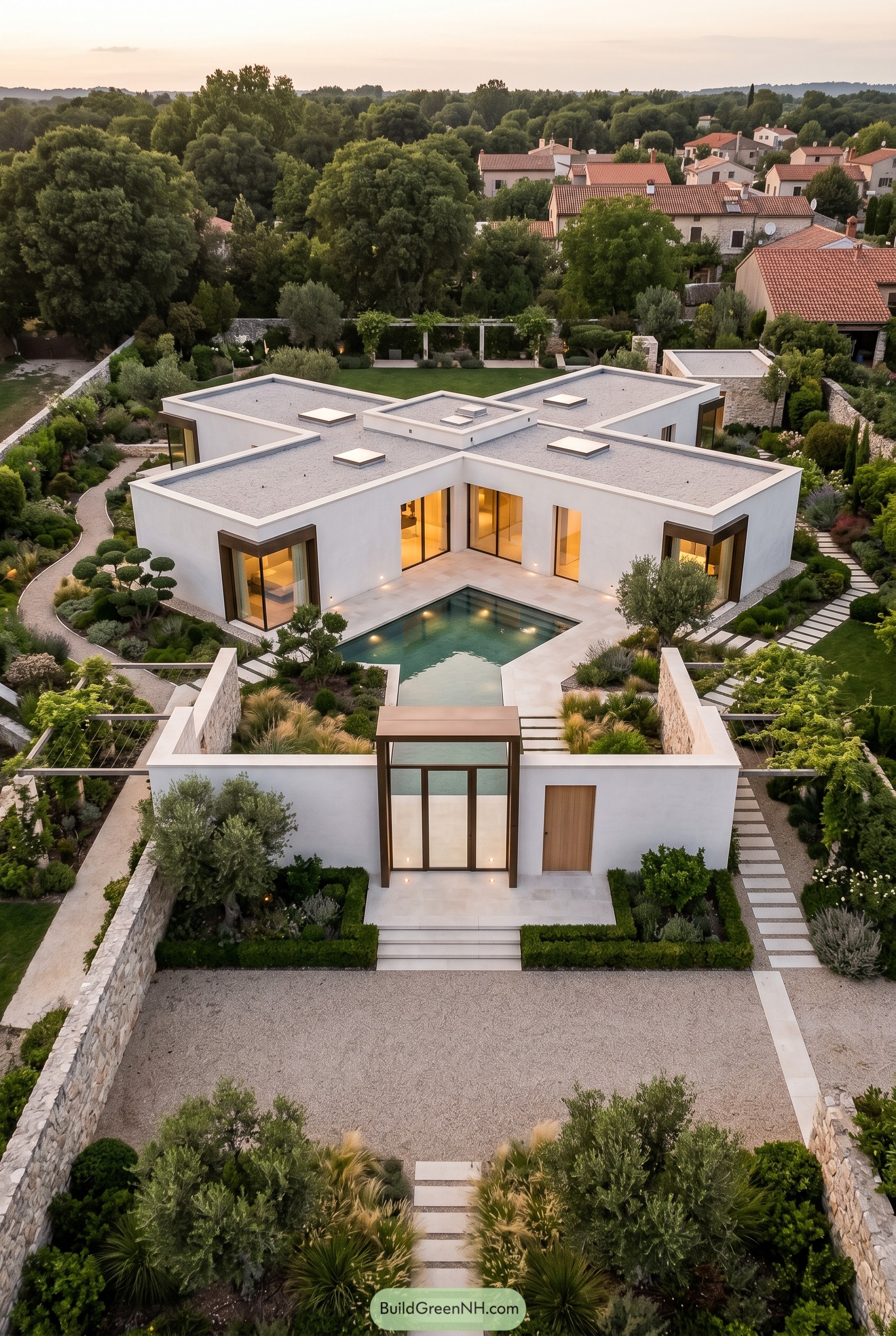 Aerial view of single story modern villa with pool