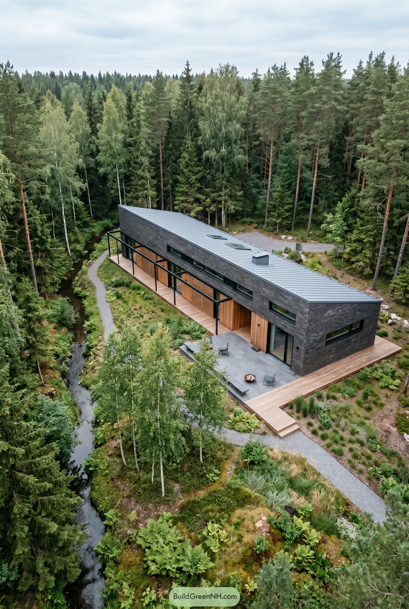 Long dark modern villa beside a forest stream