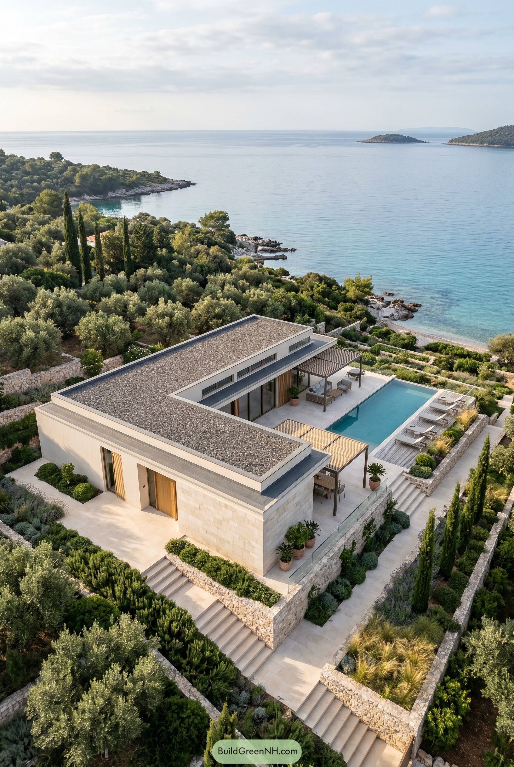 One story seaside villa with pool