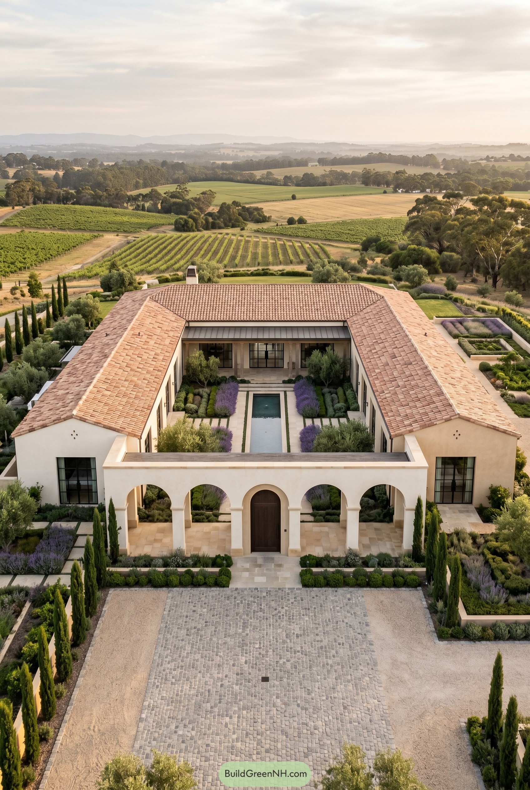 One story Mediterranean bungalow with arched entry and courtyard pool
