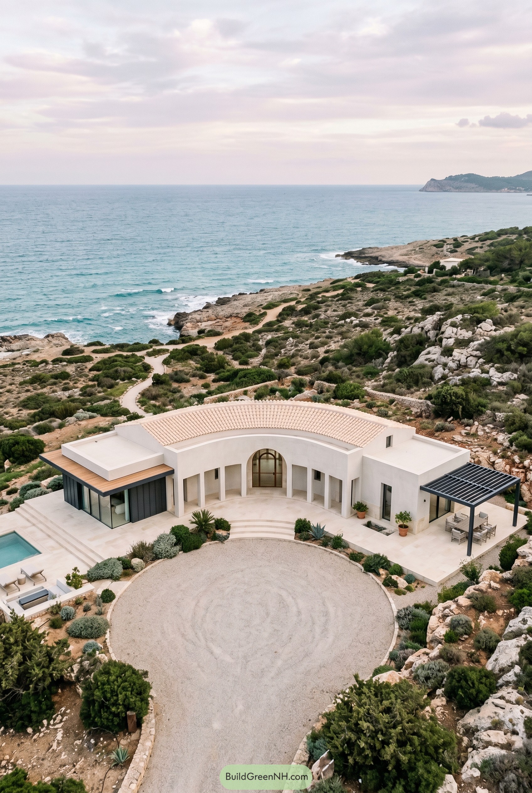 Curved white seaside bungalow on rocky coast