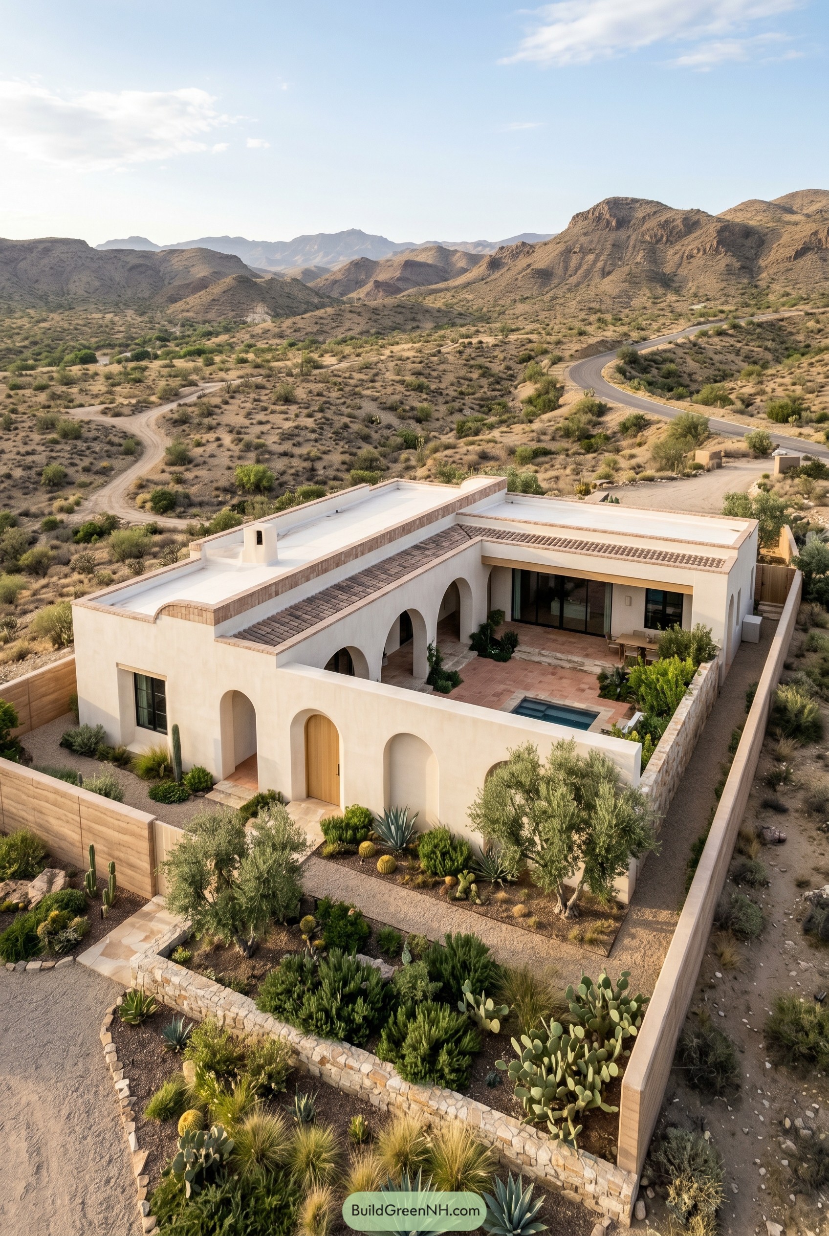 White arched Mediterranean bungalow with courtyard pool in the desert