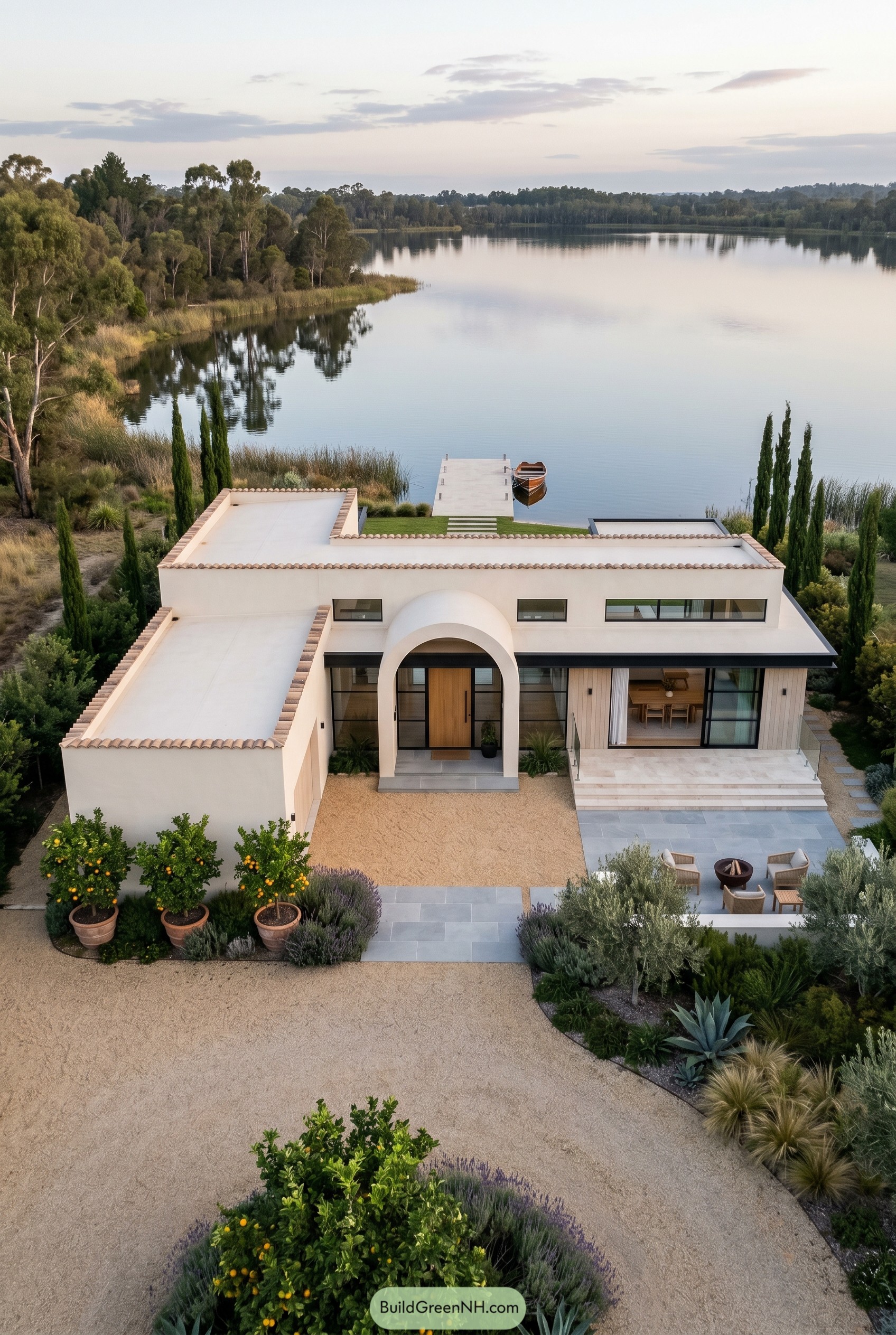 Modern Mediterranean bungalow with arched entry on a lakefront lot