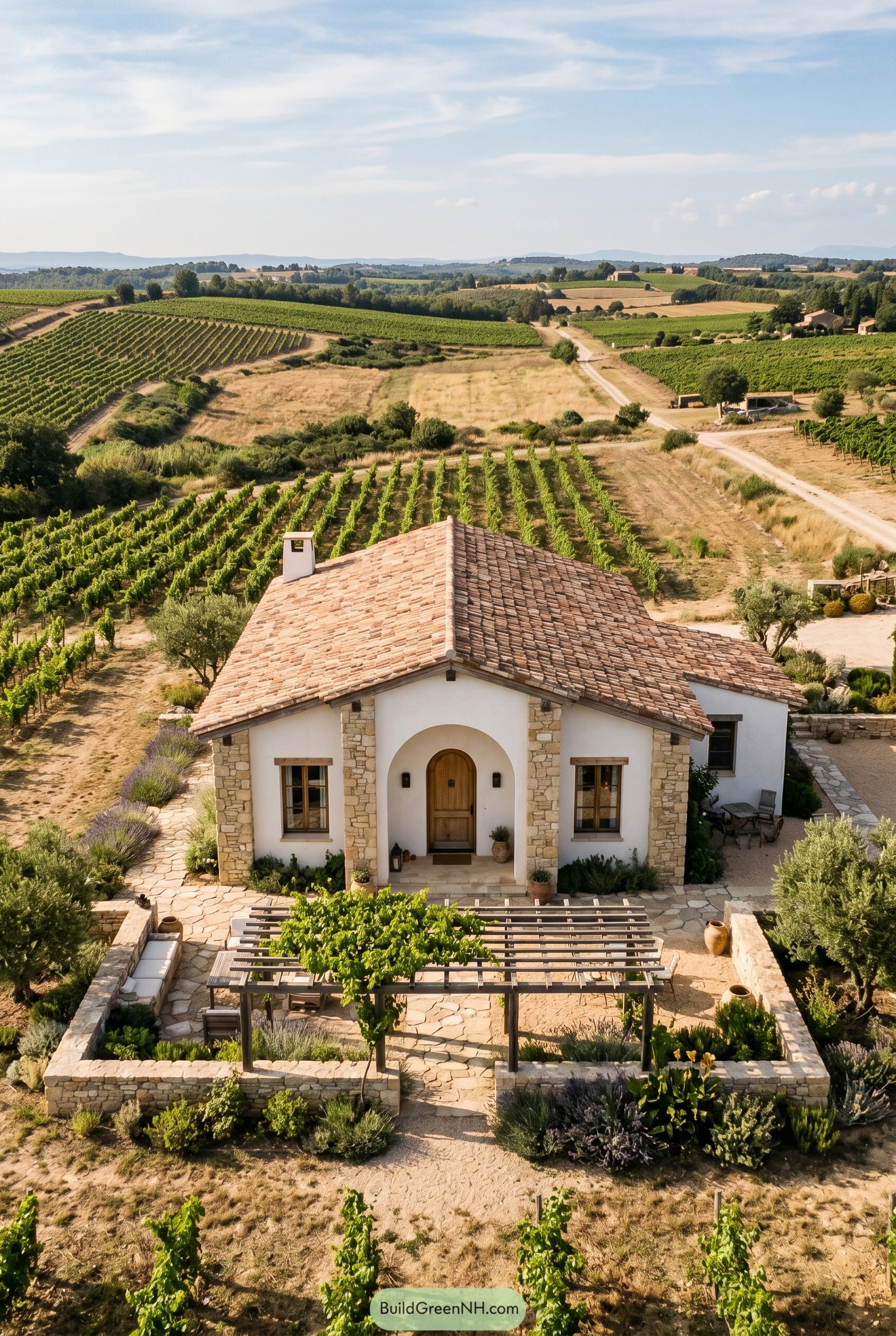 One story Mediterranean bungalow with arched entry pergola and vineyard views