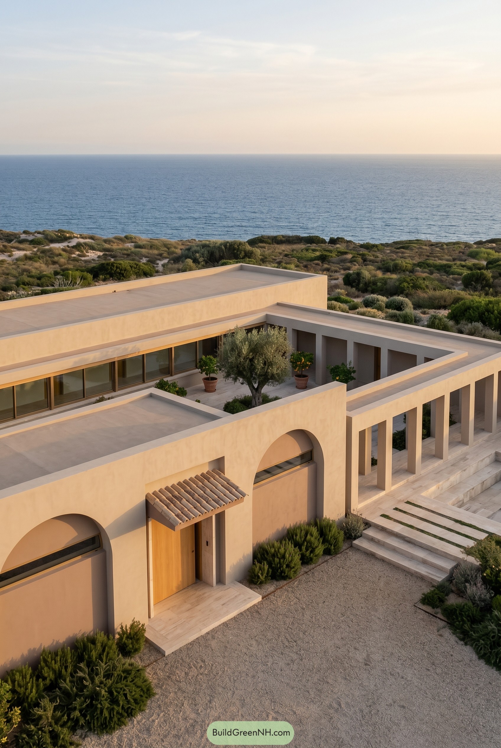 Seaside modern Mediterranean bungalow with arches and central courtyard