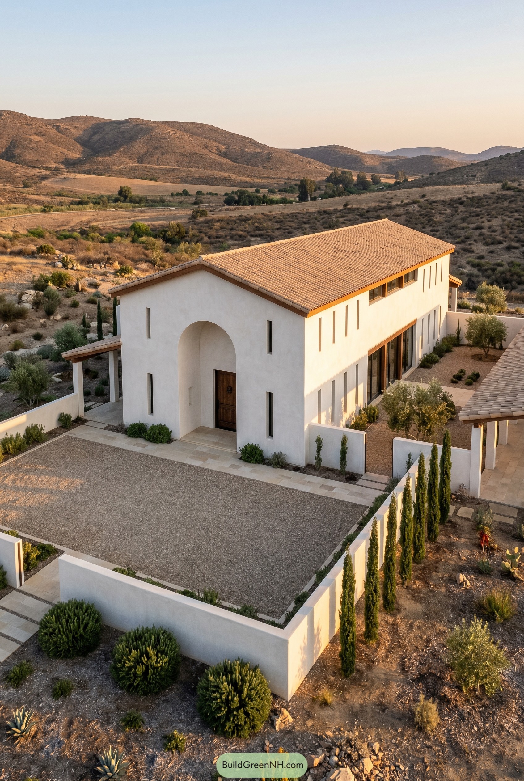 White stucco Mediterranean bungalow with arched entry and walled courtyard in a desert valley
