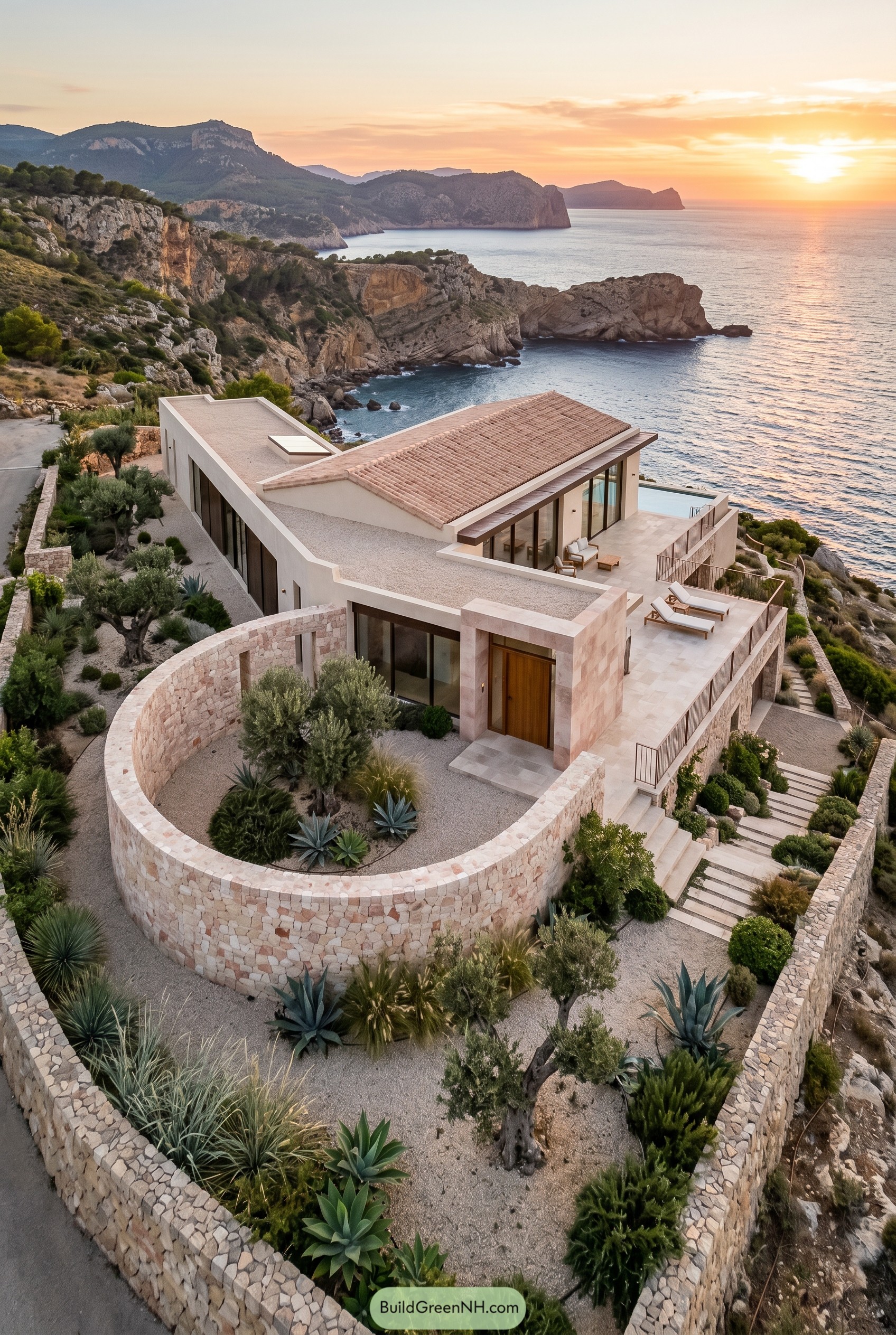 Cliffside Mediterranean bungalow with curved stone courtyard