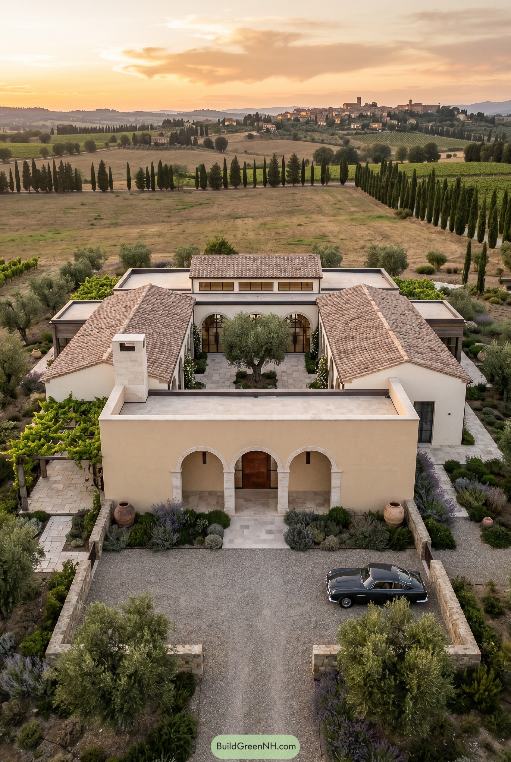 Modern Mediterranean bungalow with a central courtyard in the Tuscan countryside