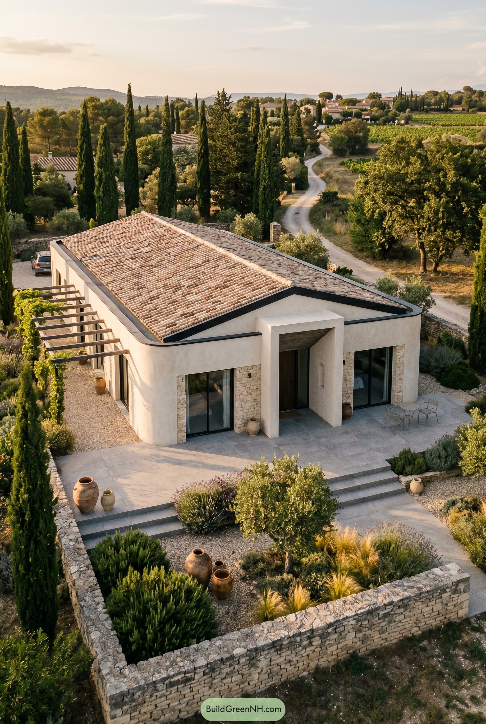 Modern Mediterranean bungalow with tiled roof and pergola