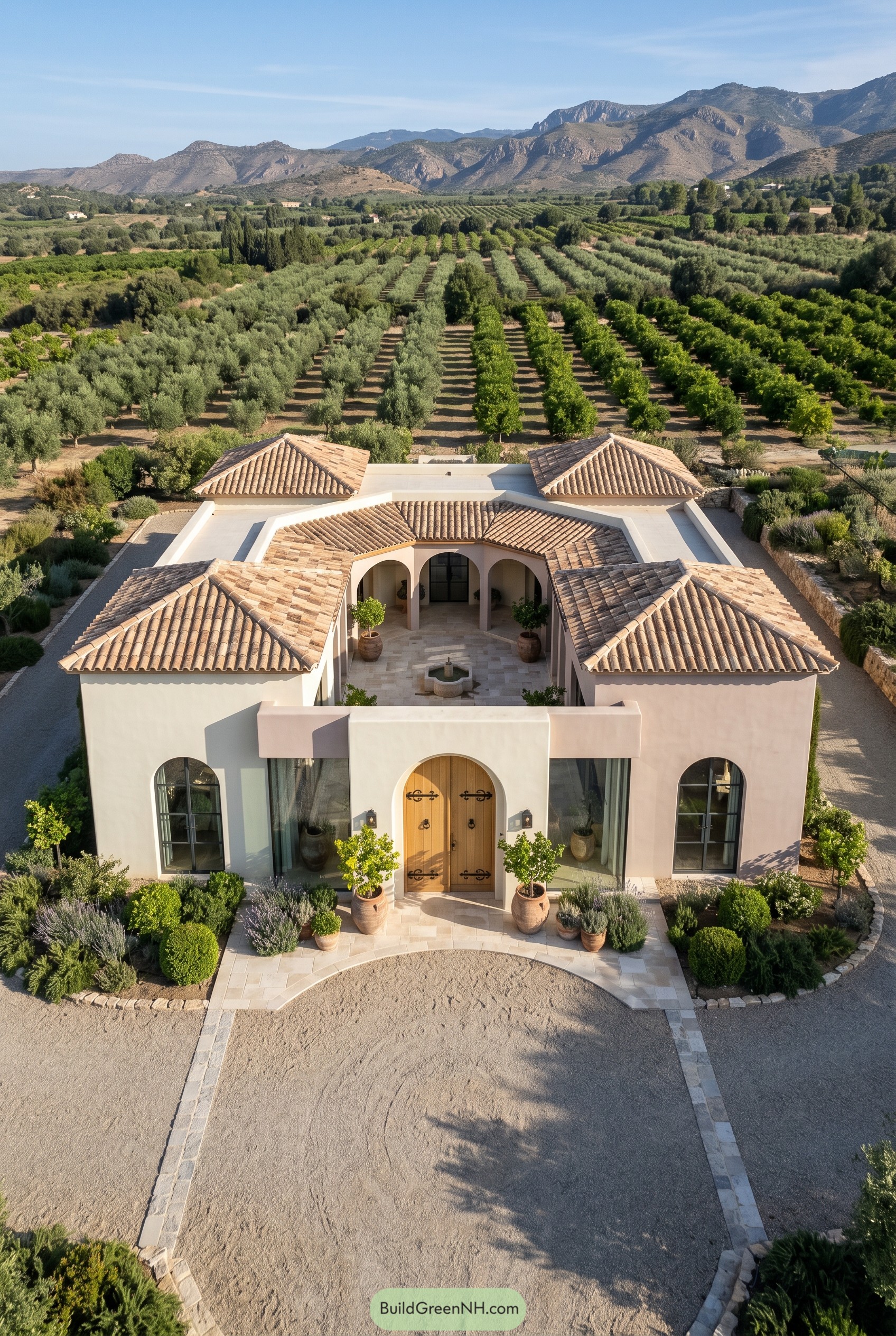 Mediterranean bungalow with arched courtyard and tiled roofs
