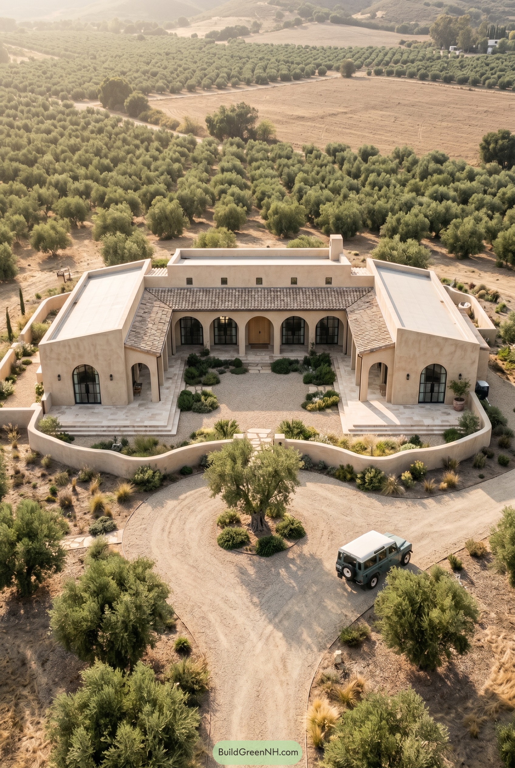 One story stucco bungalow with an arched courtyard in an olive grove