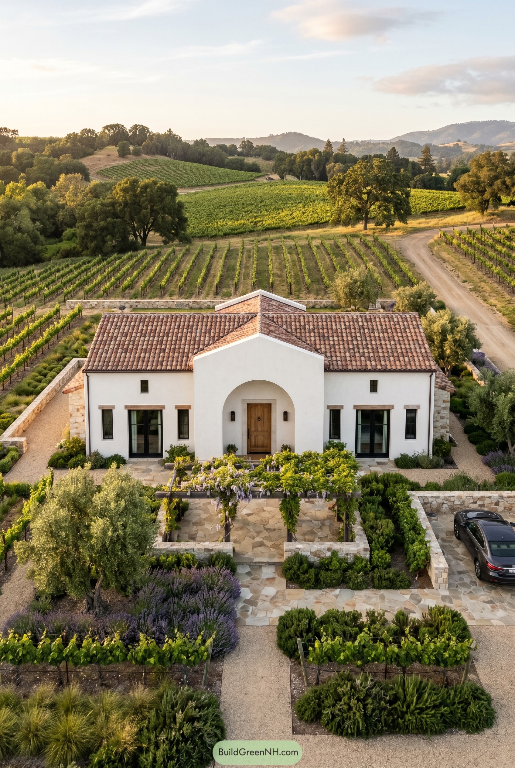 One story white stucco bungalow by vineyards