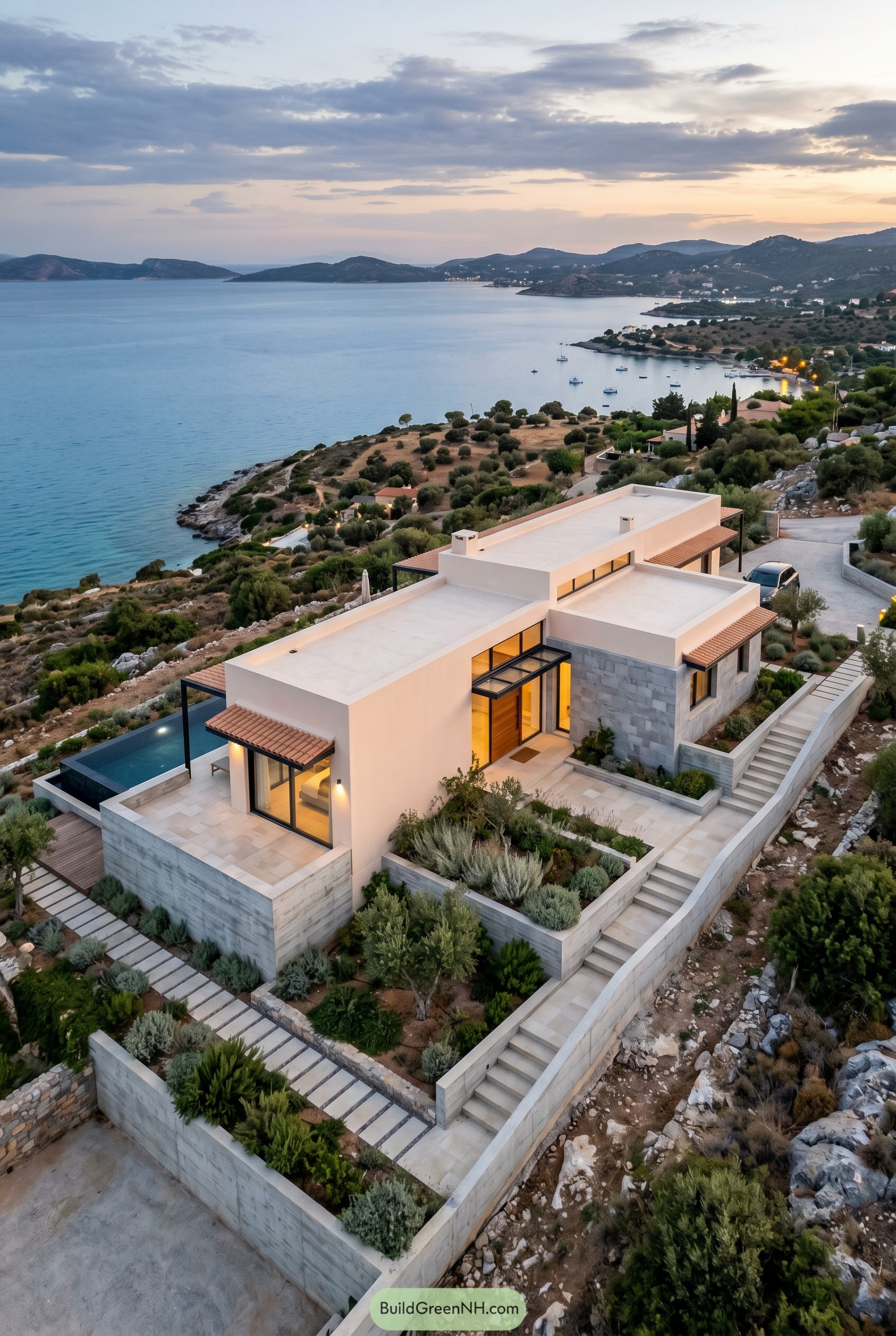 Modern cliffside bungalow with flat roofs pool and sea view
