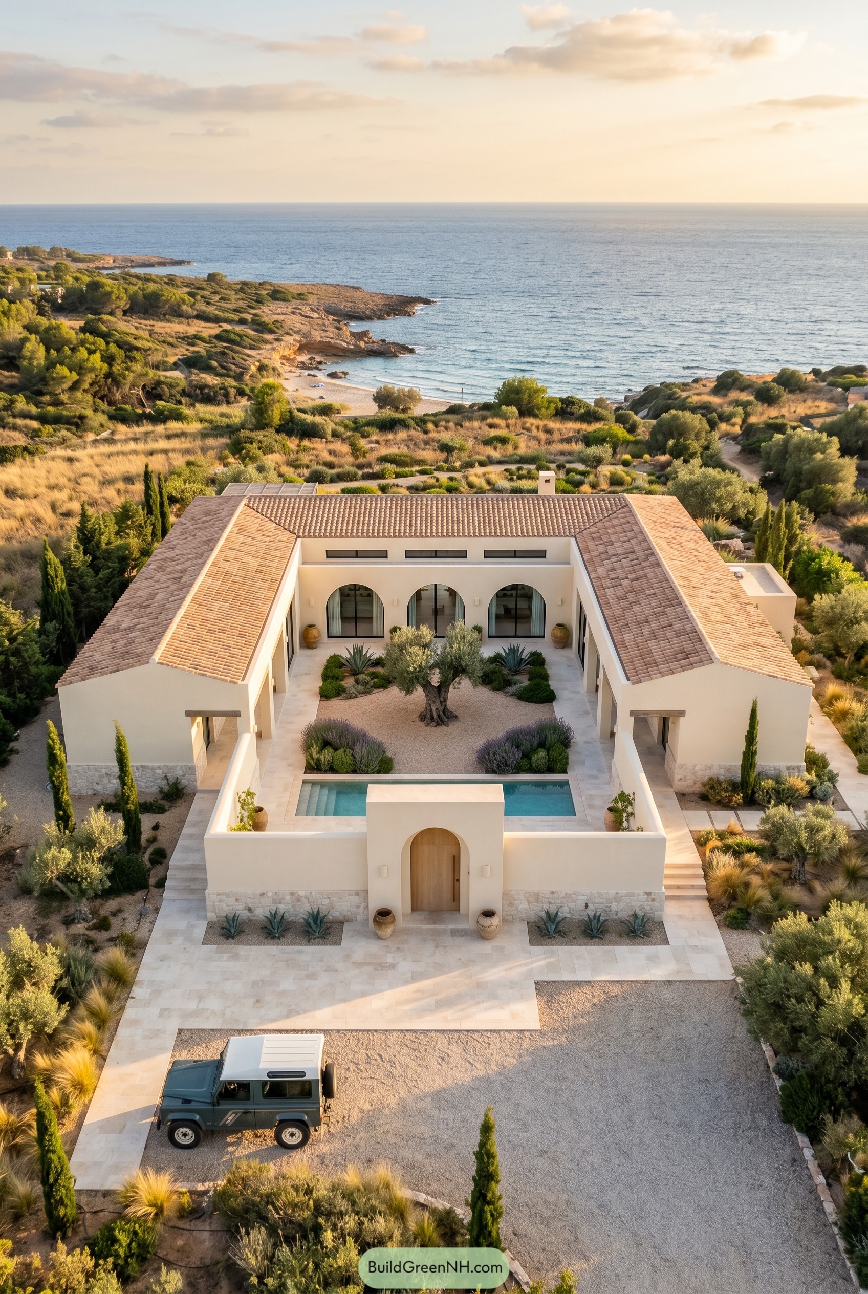 One story Mediterranean bungalow with arched courtyard and pool by the sea