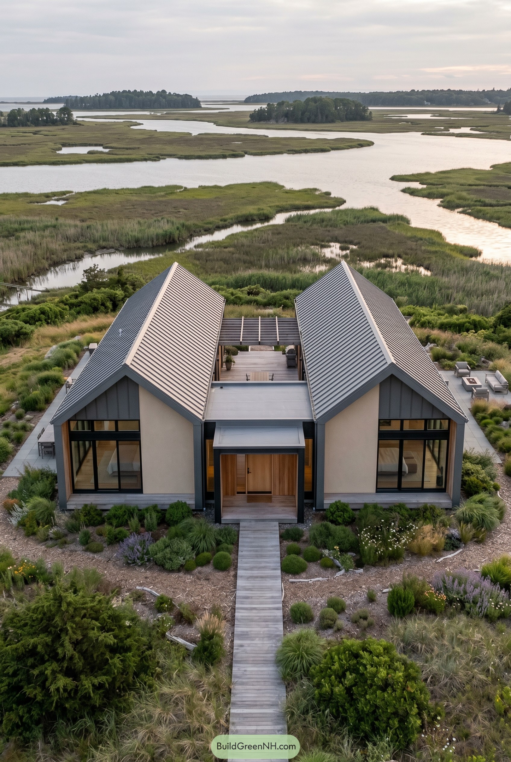 Modern twin gable house overlooking coastal marsh