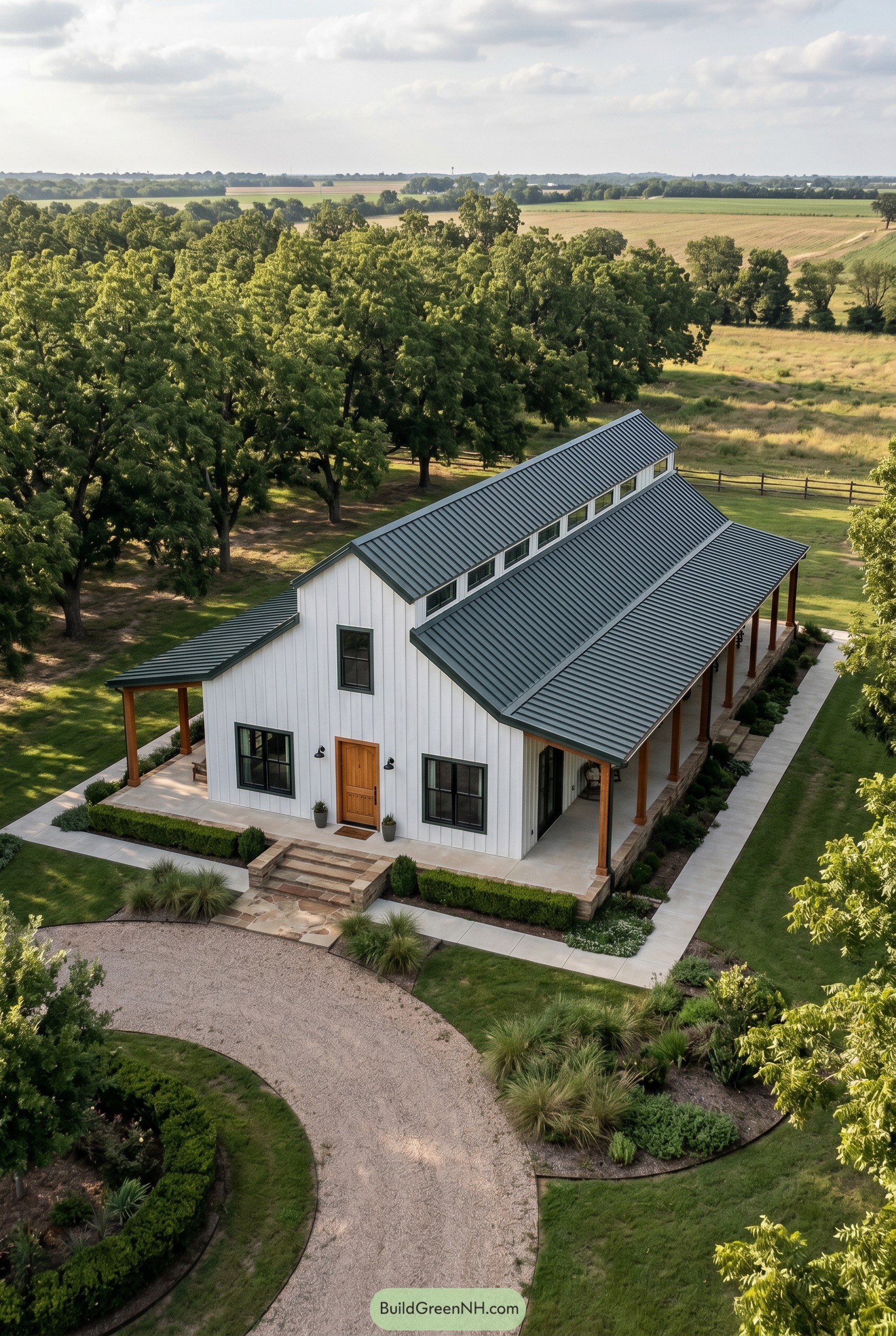 White barndominium with wraparound porch and monitor roof