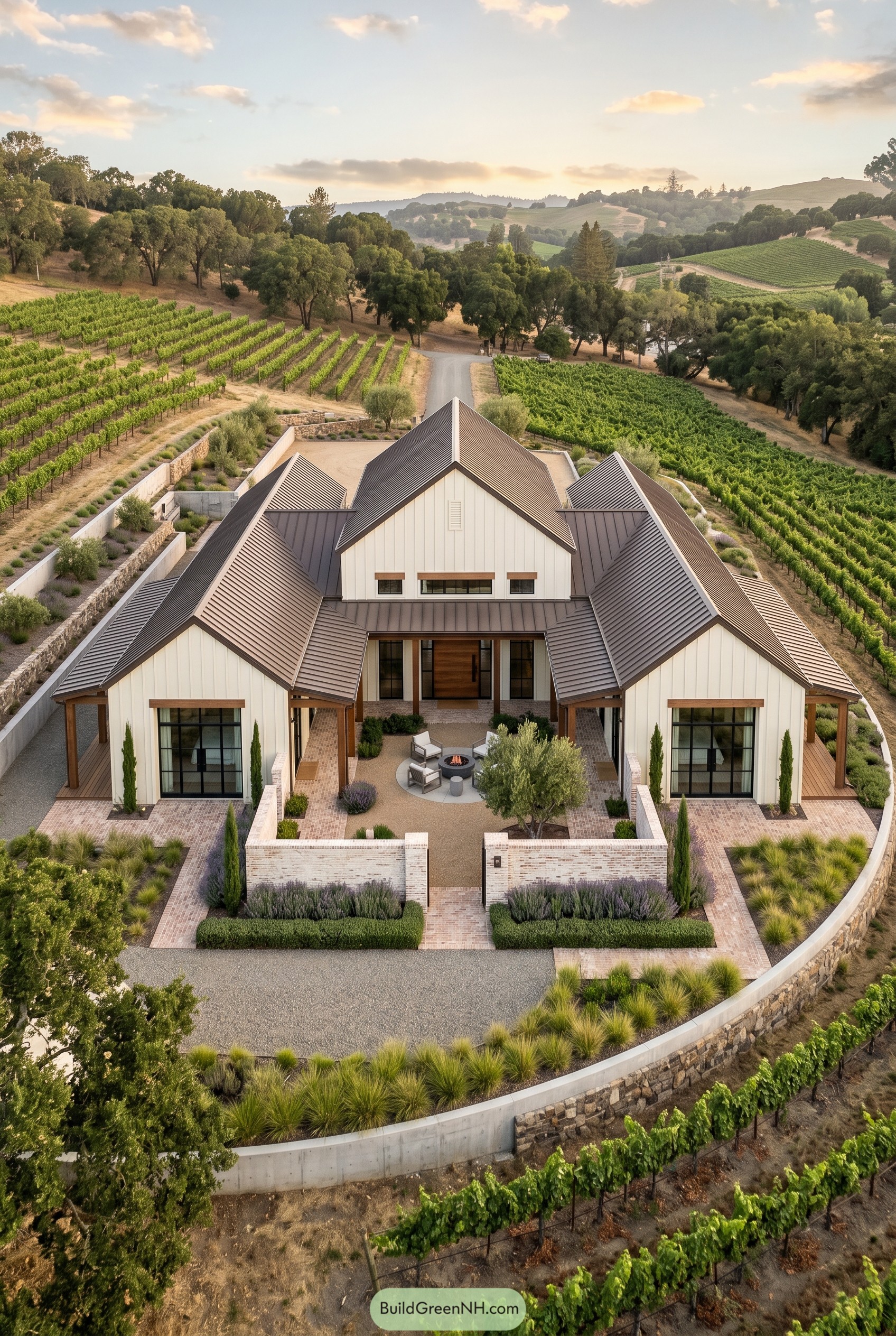 Modern white barnhouse with walled courtyard in vineyards