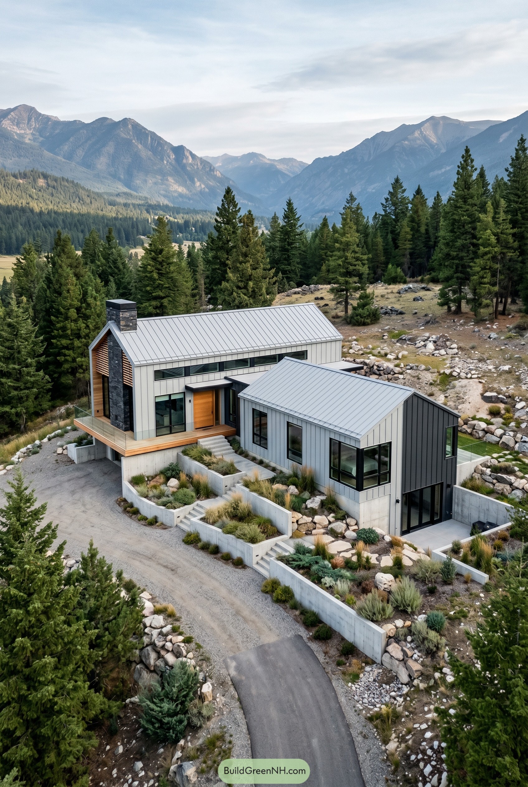 Modern mountain barn home with twin gables
