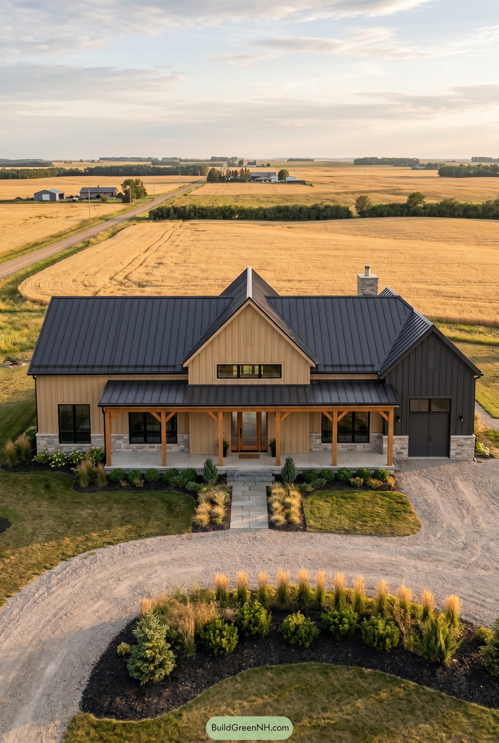 One story modern barndominium with black metal roof and front porch in open farmland