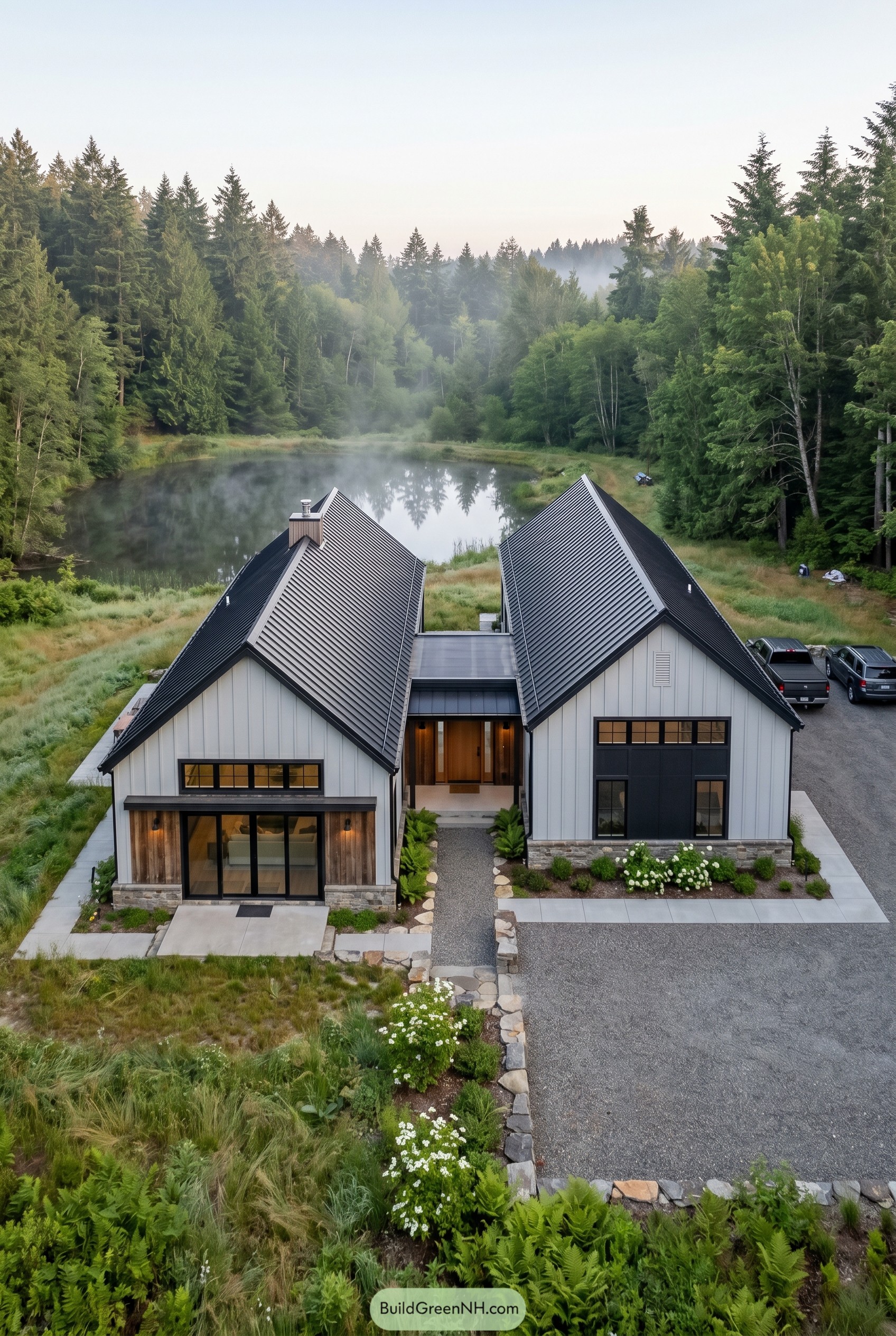 White twin gable barndominium beside a forest pond