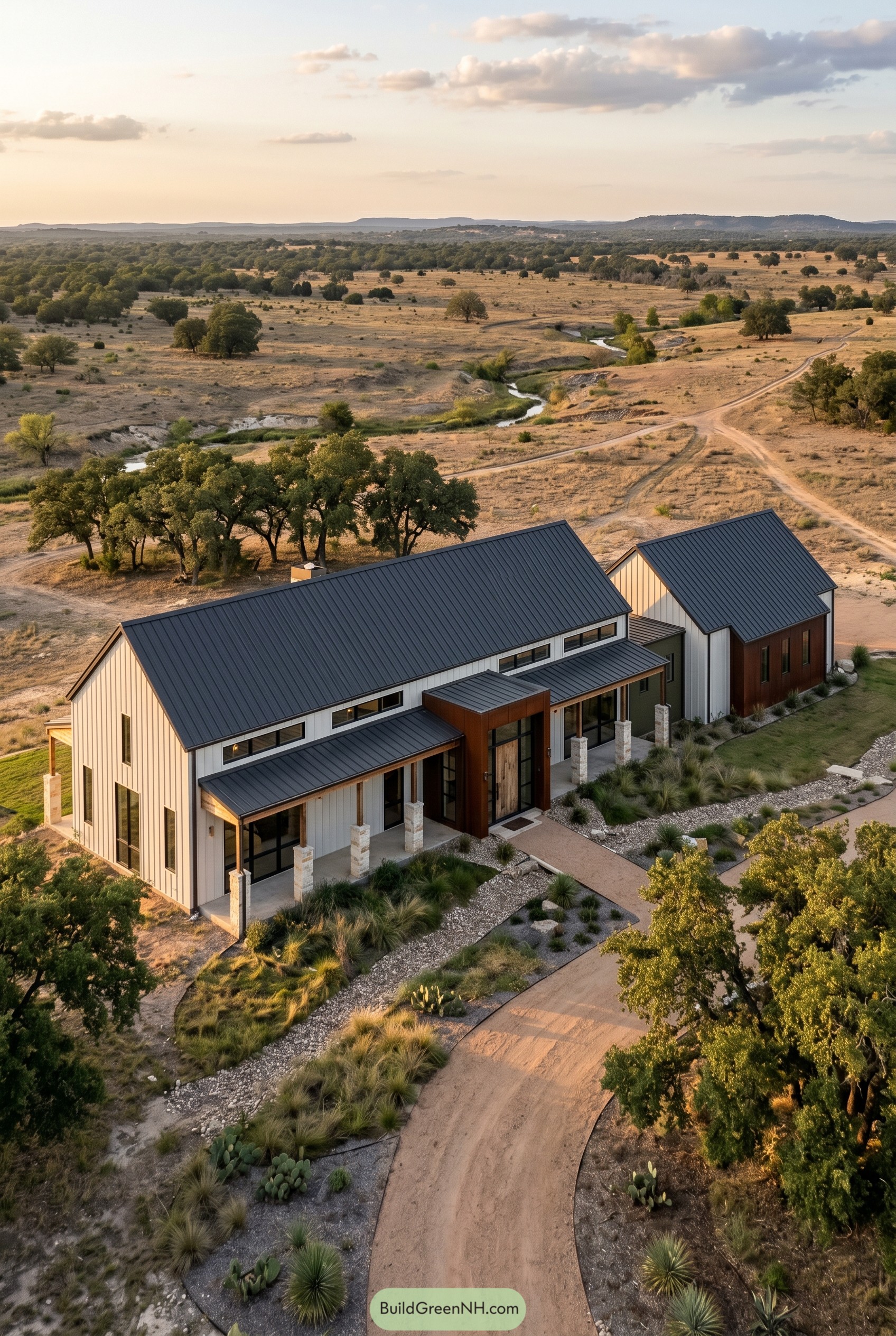 Modern twin gable barndominium in arid ranchland
