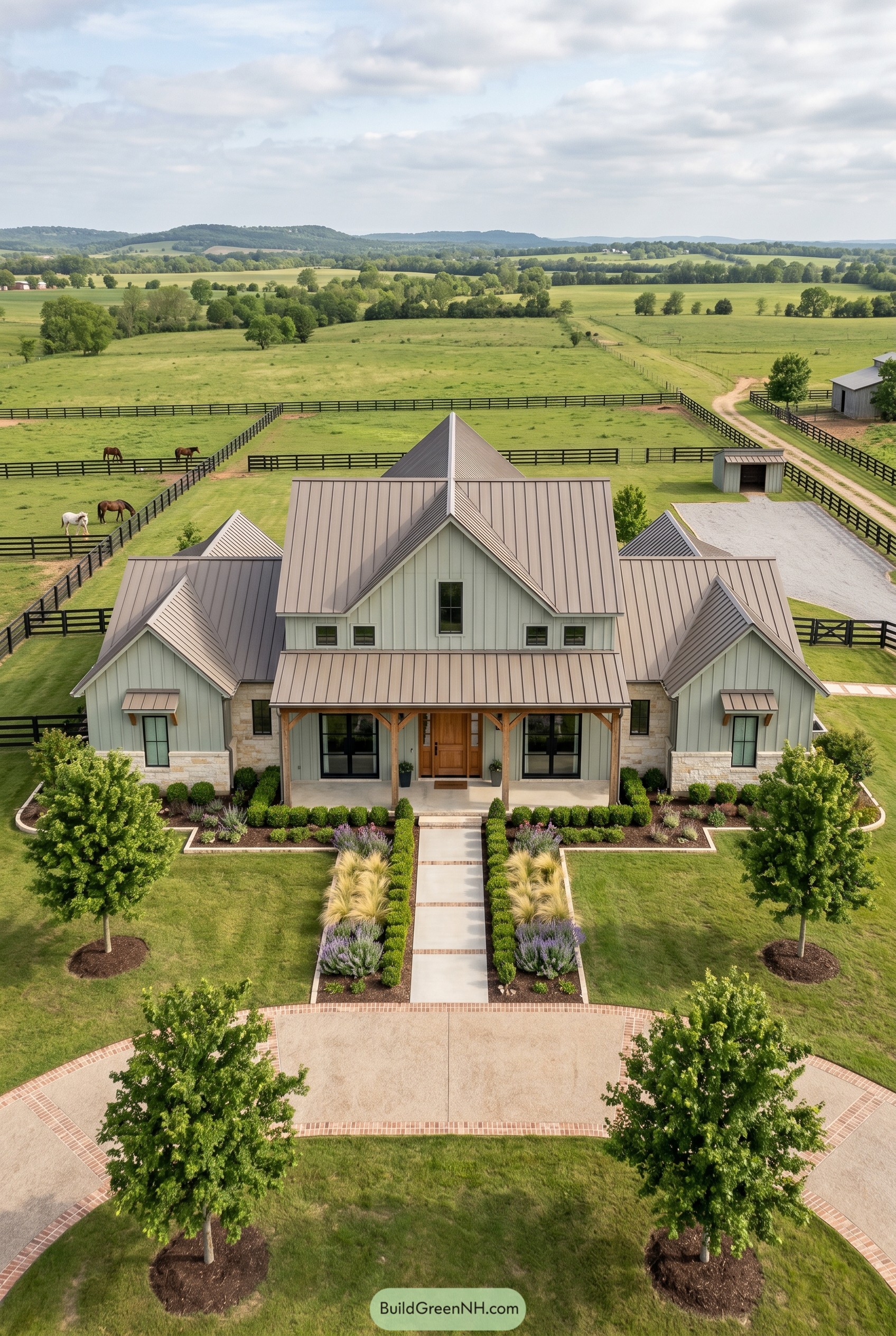 Symmetrical sage barnhouse with metal gables and porch