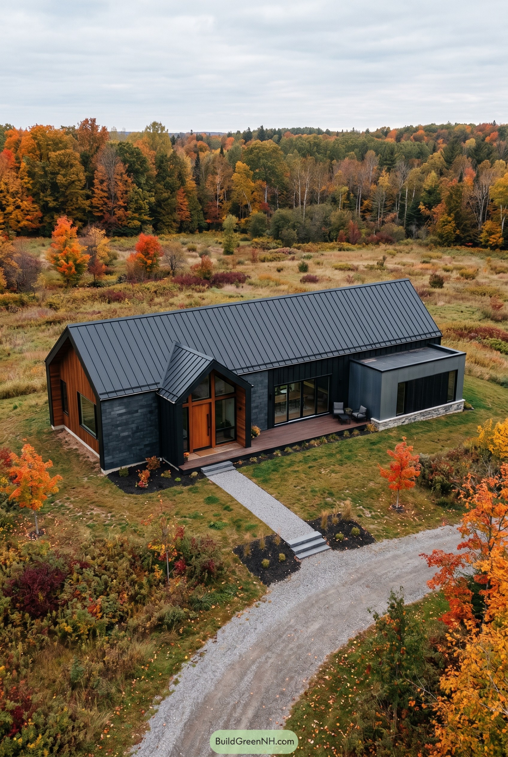 Modern black barndominium with cedar entry in a fall meadow