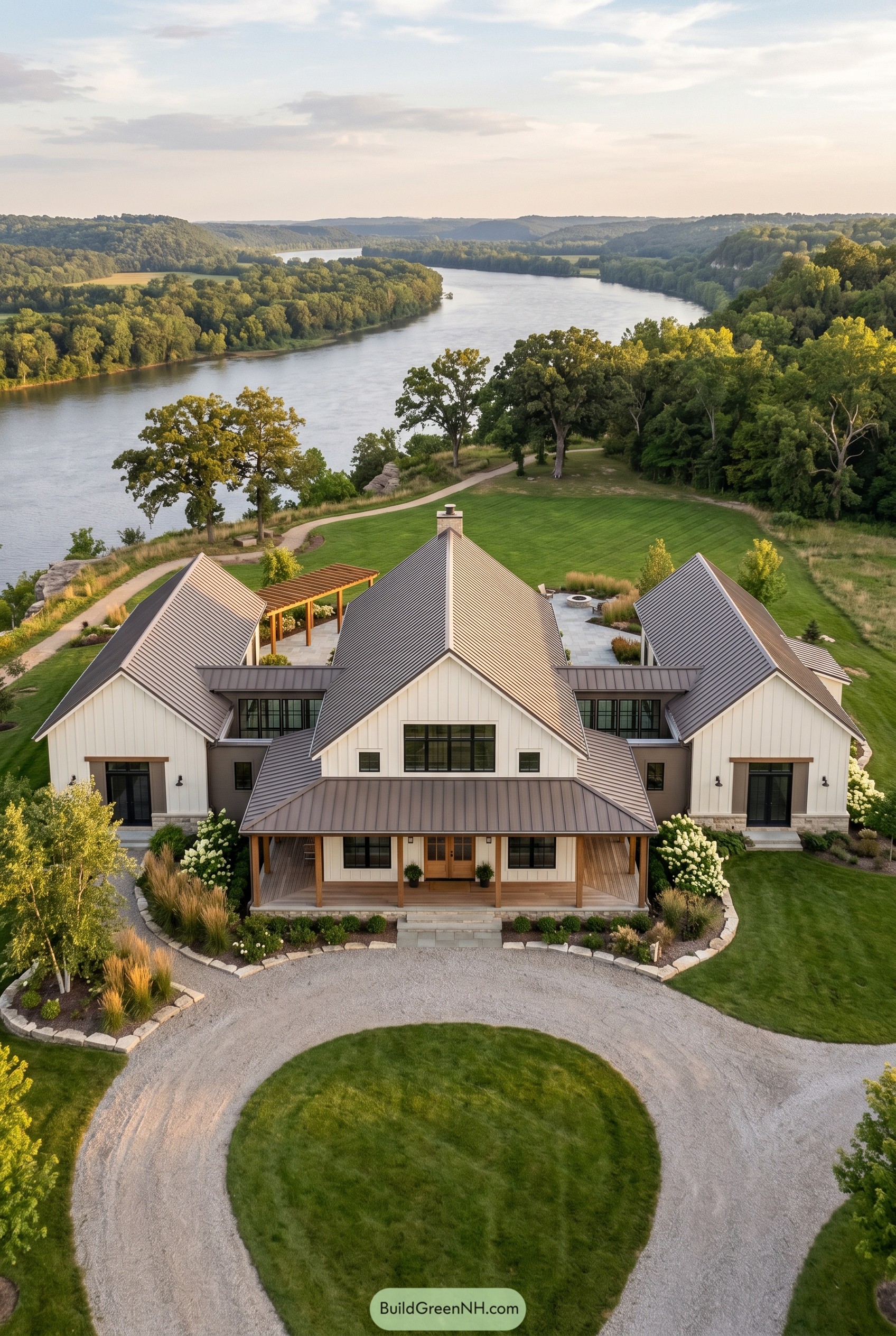 White gabled barndominium above a winding river