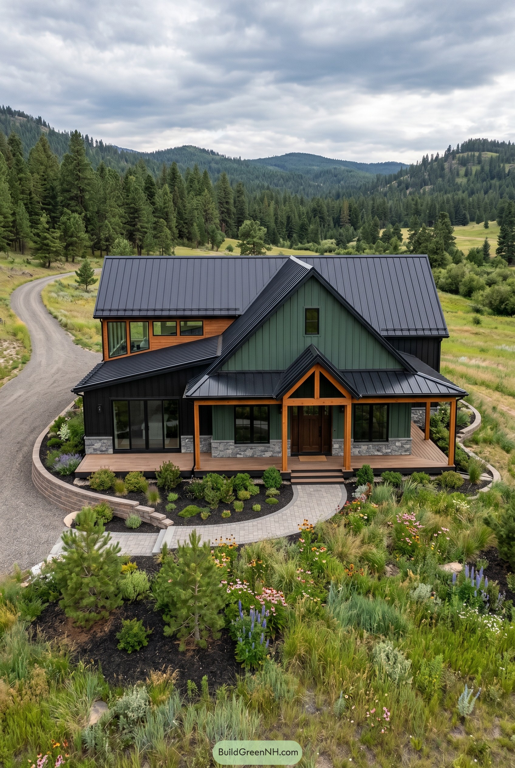 Green and black barndominium with porch in mountain meadow