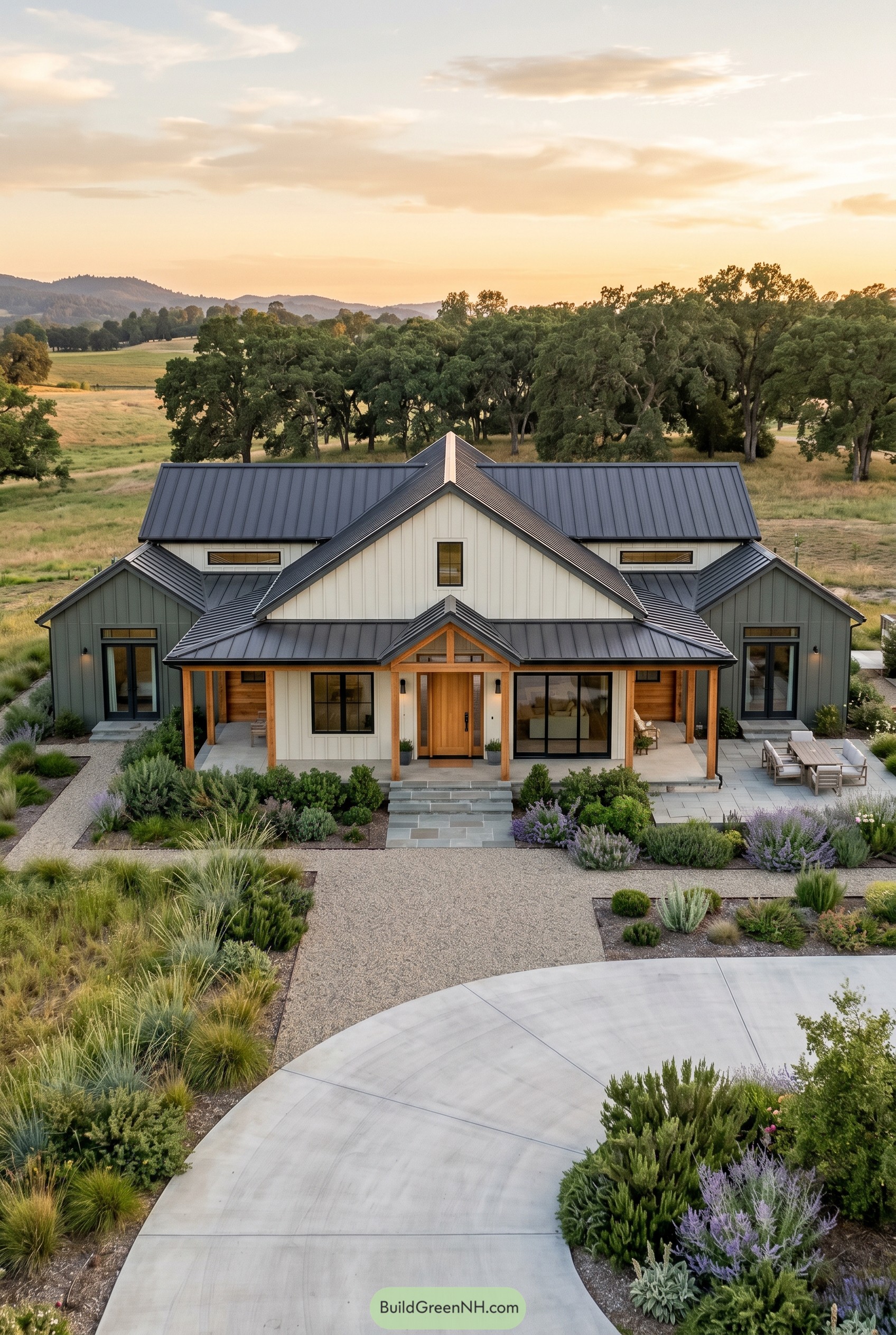 Modern one story barndominium with cross gables
