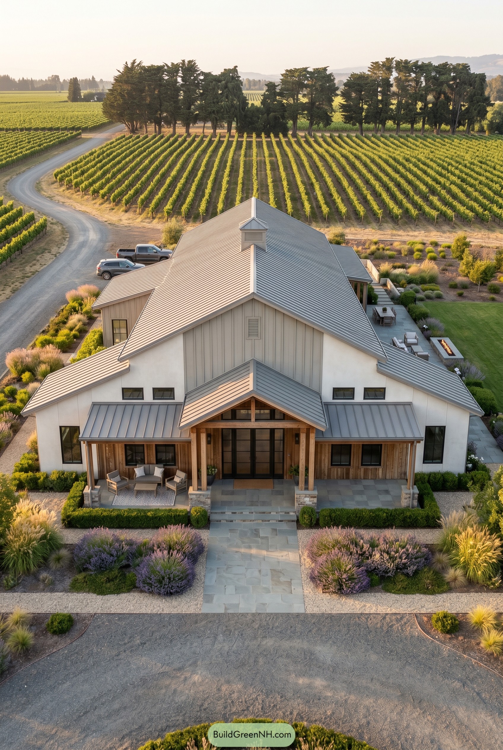 One story modern barndominium beside vineyard rows