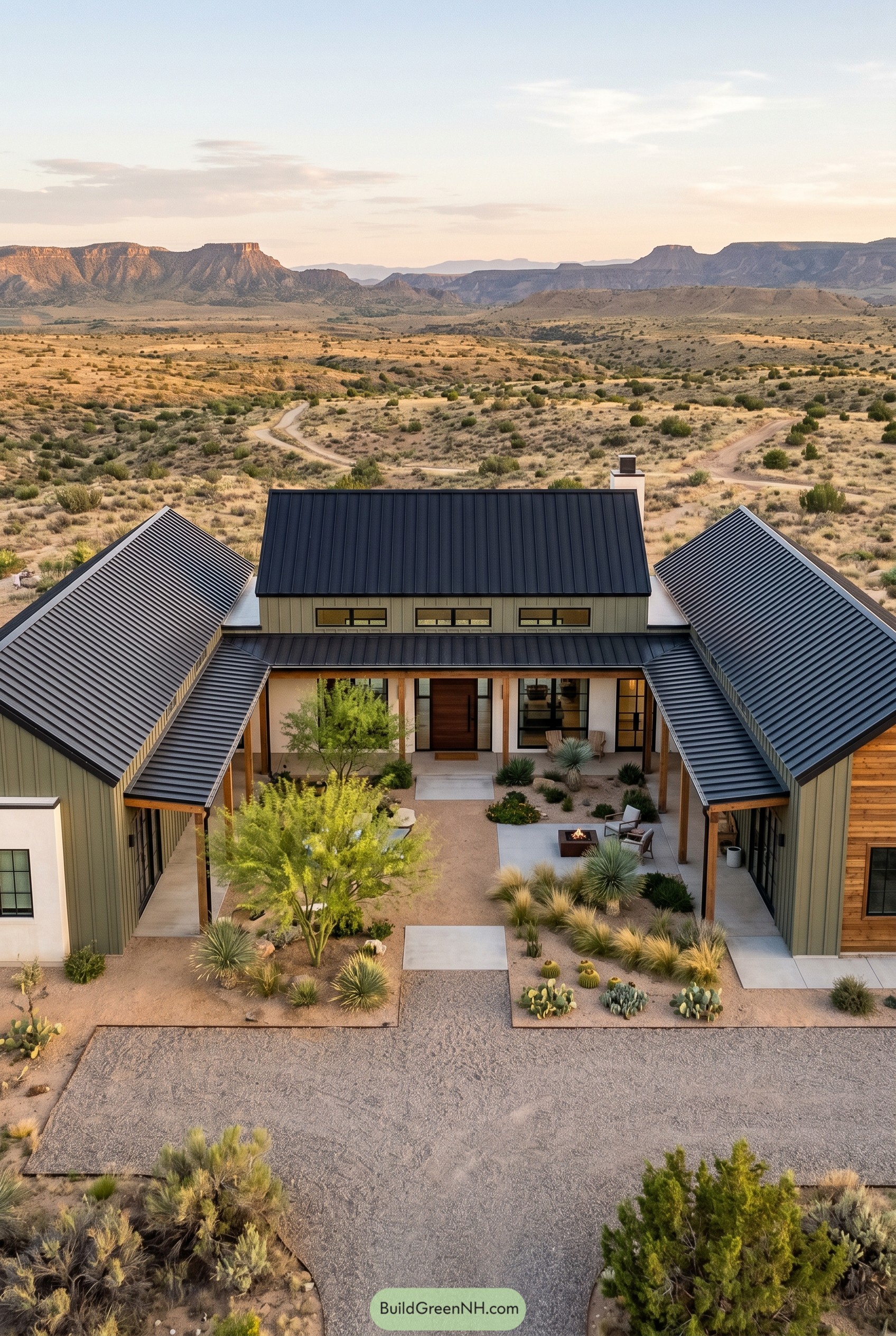 U shaped desert barndominium with black metal roofs