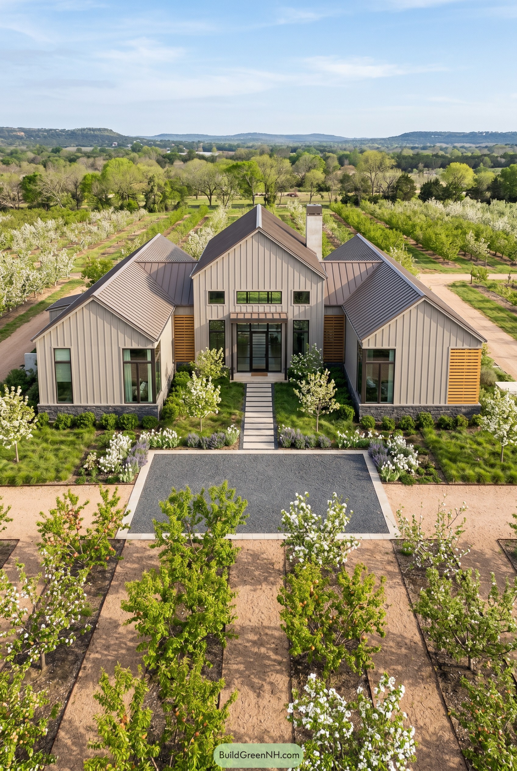 Symmetrical modern barn home in orchard