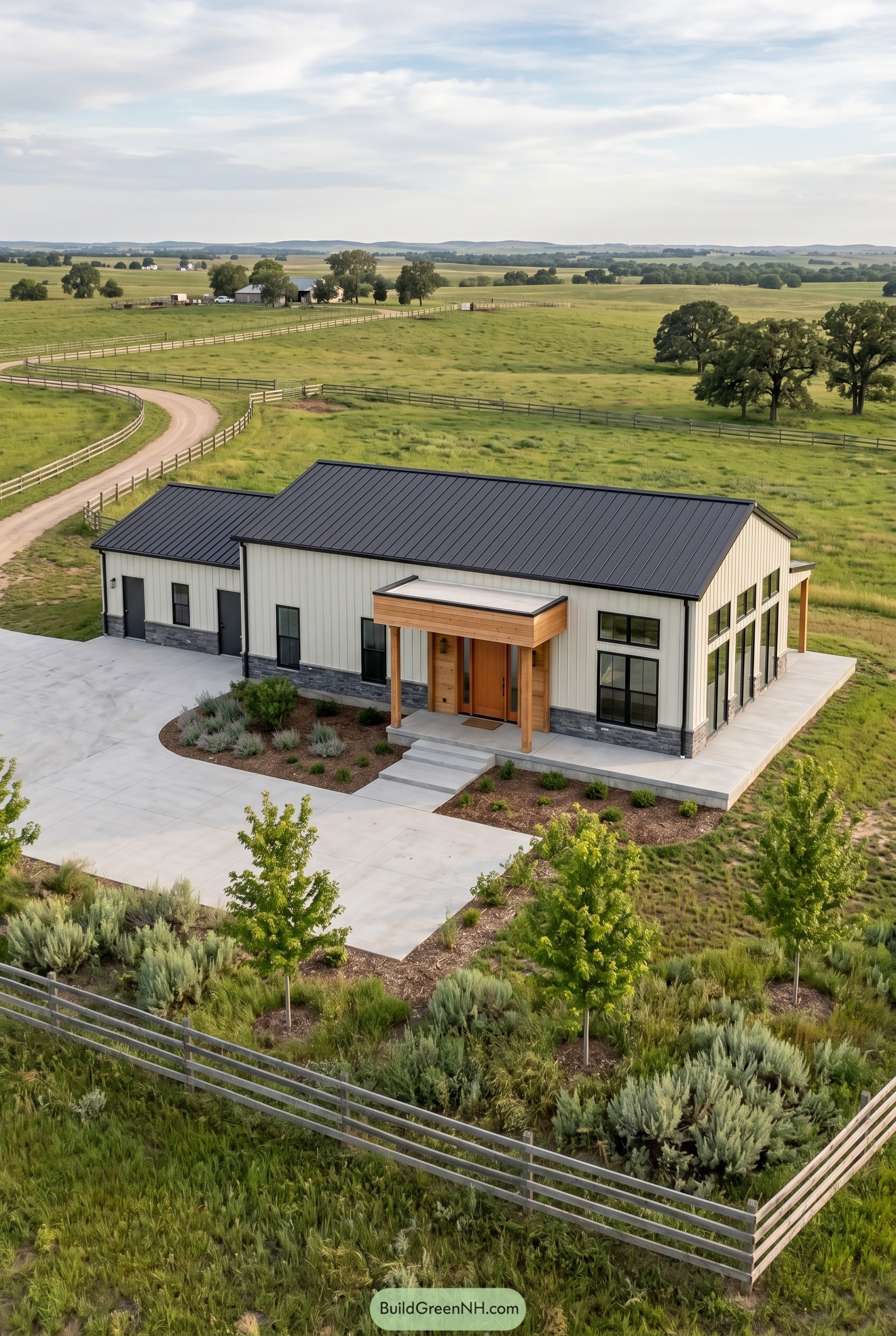 One story white barndominium with black roof
