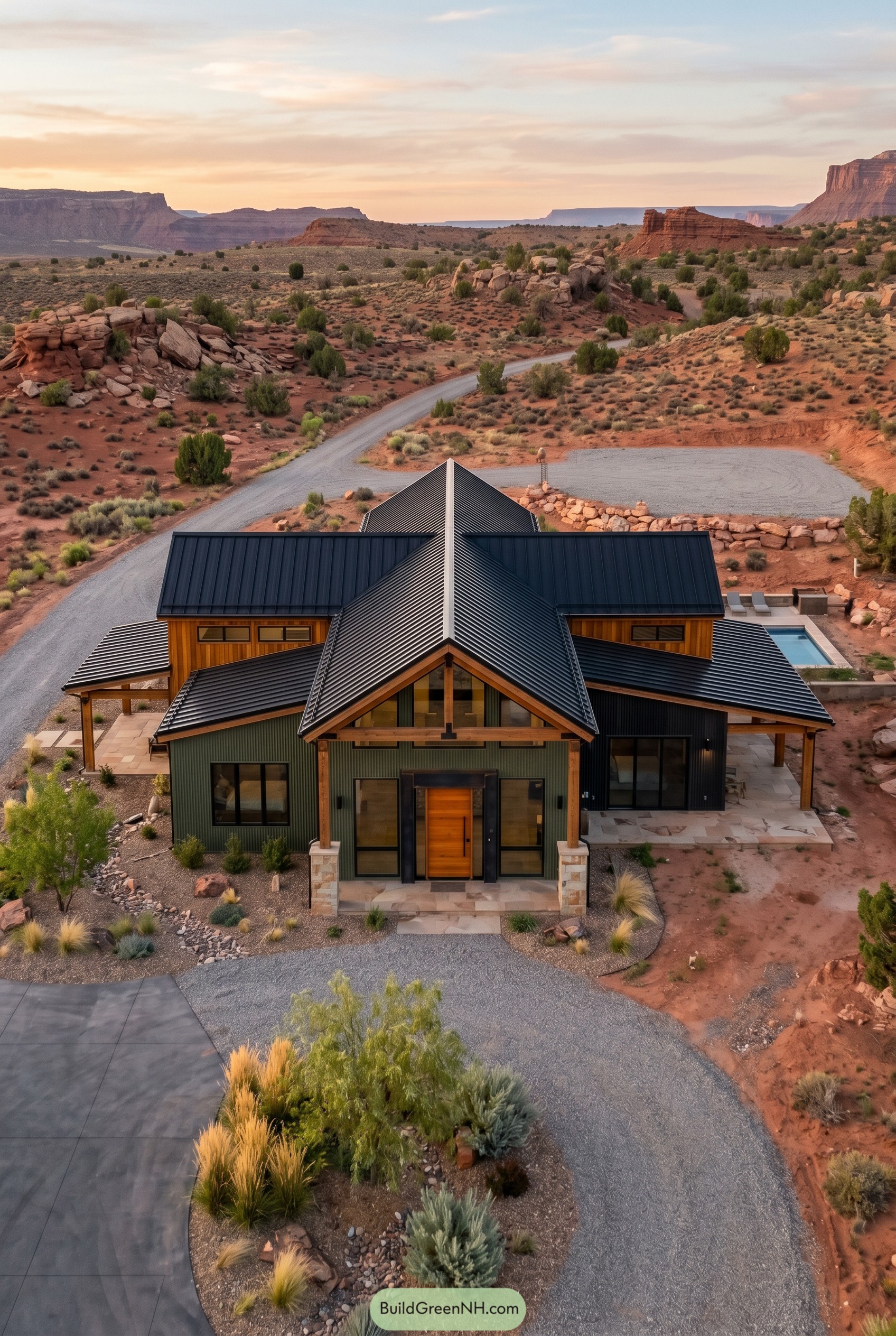 Aerial view of modern desert barndominium