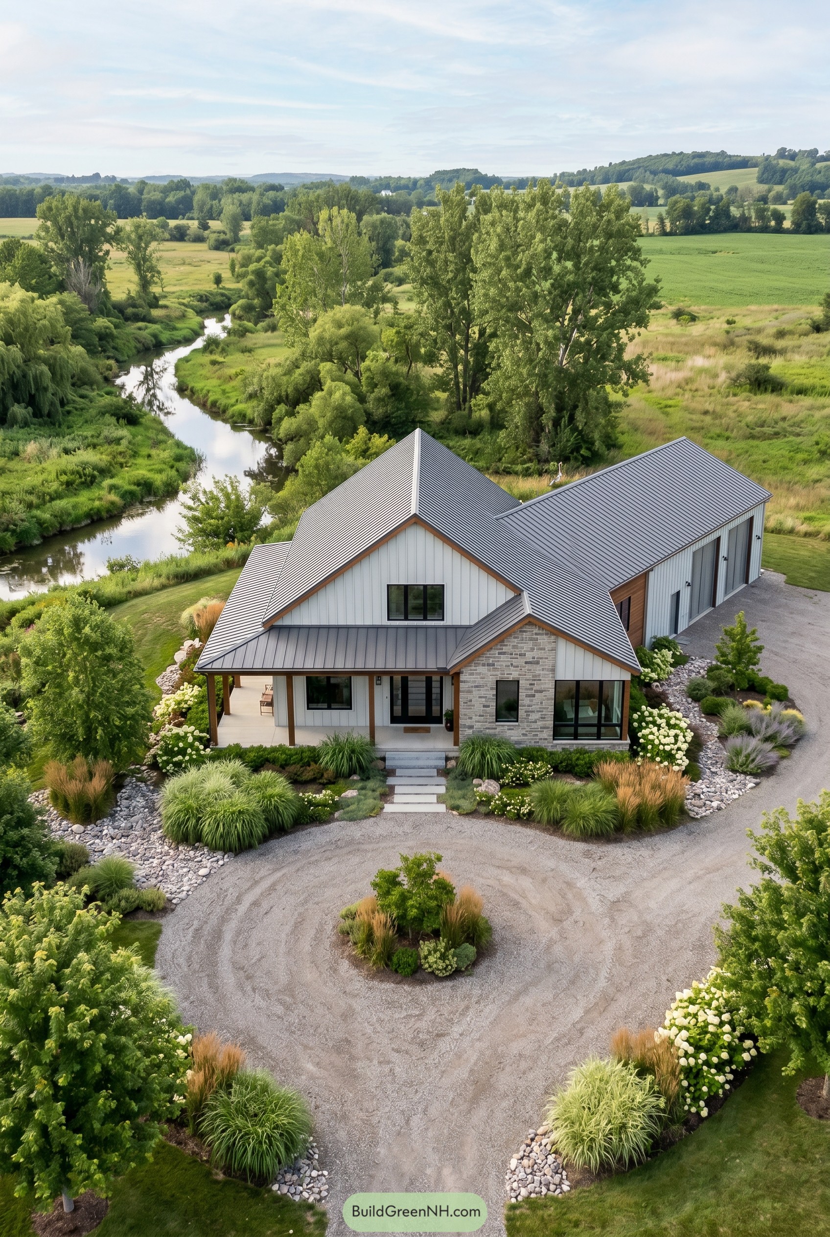 Modern white barn home beside a creek