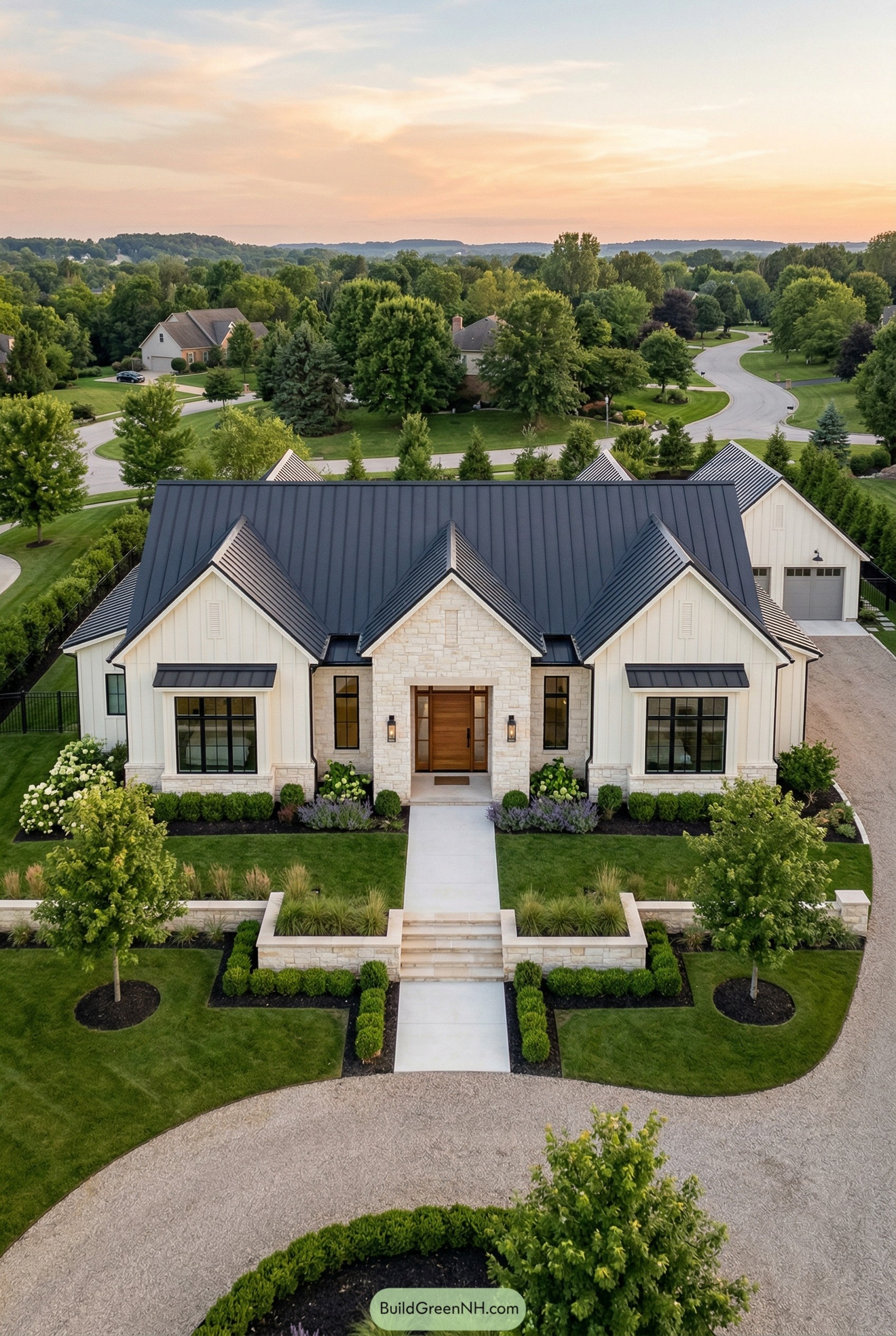 One story white house with black metal roof