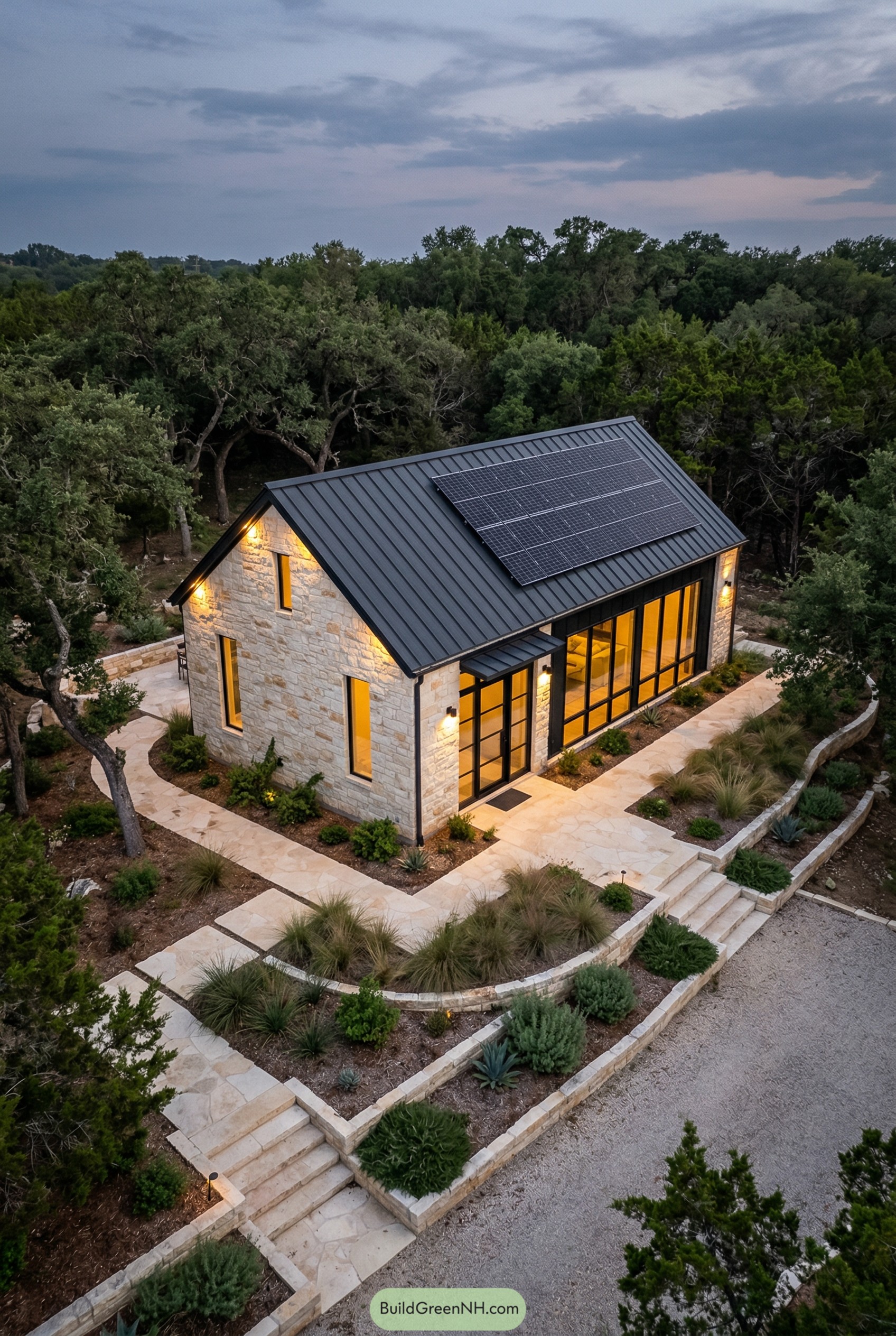 One story stone cottage with solar roof