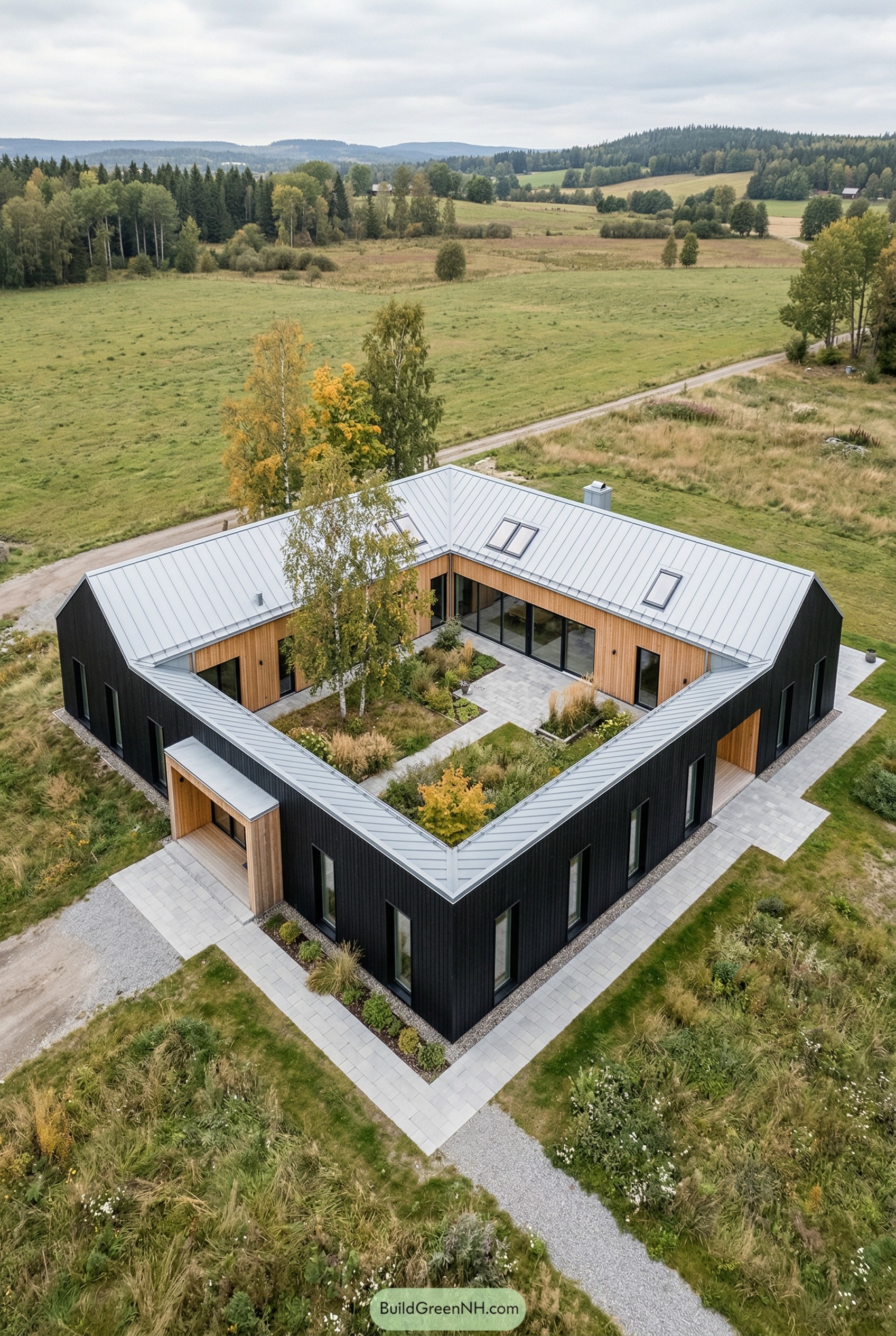 One story black courtyard house with metal roof