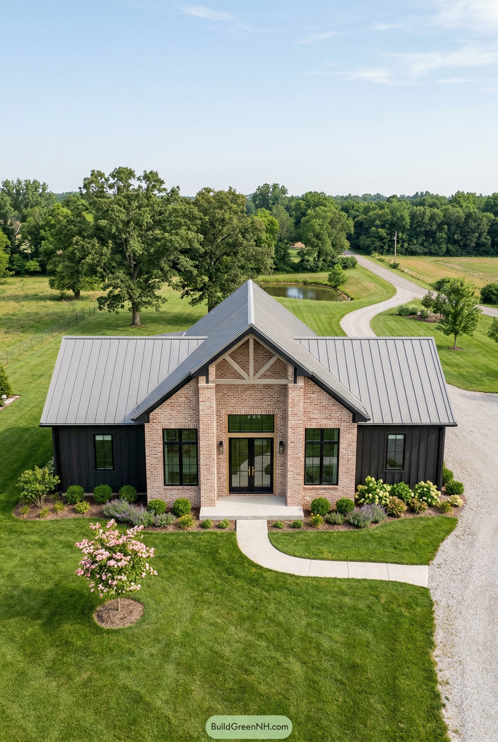 One story brick and black siding home with metal roof