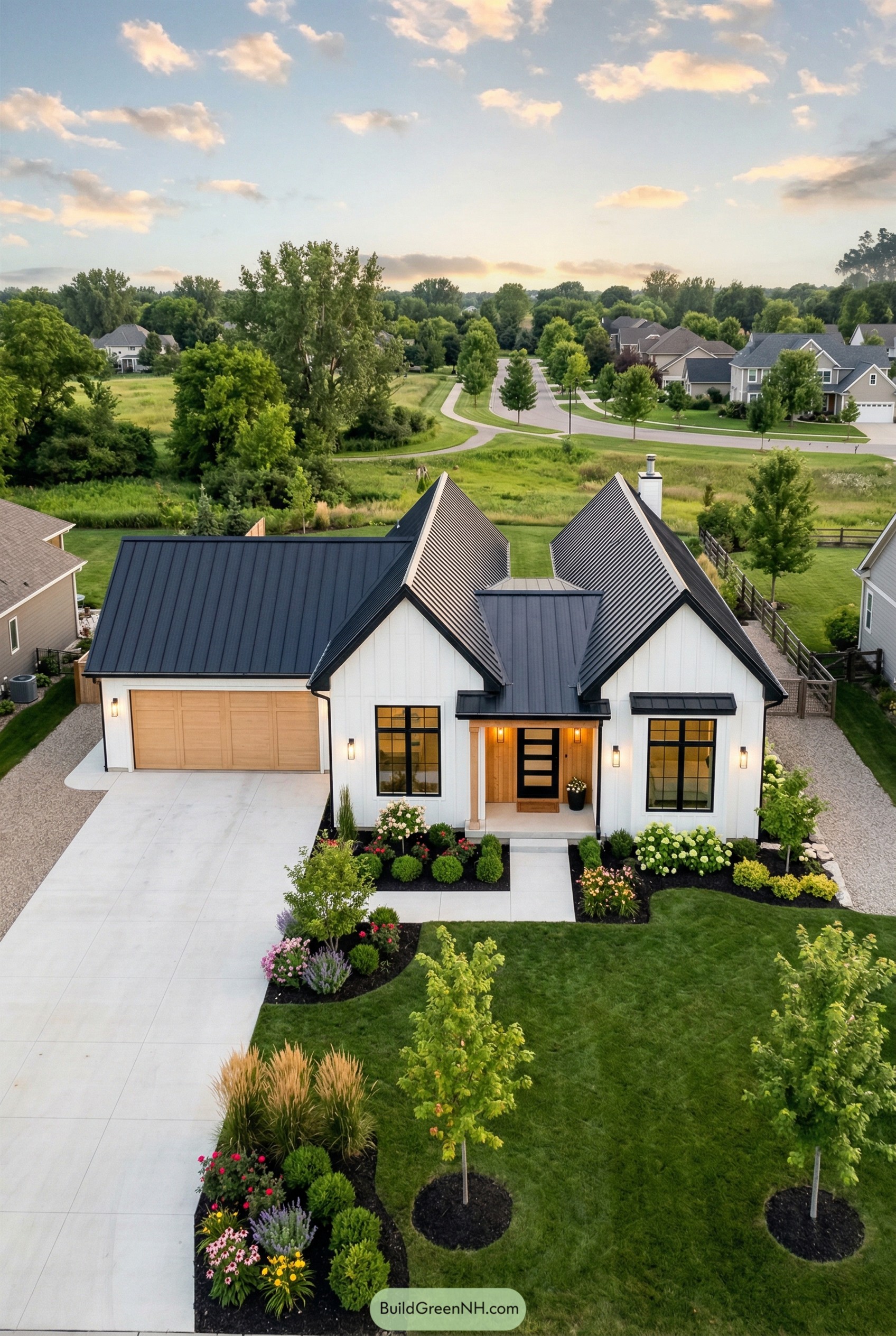 White one story home with black gabled roof