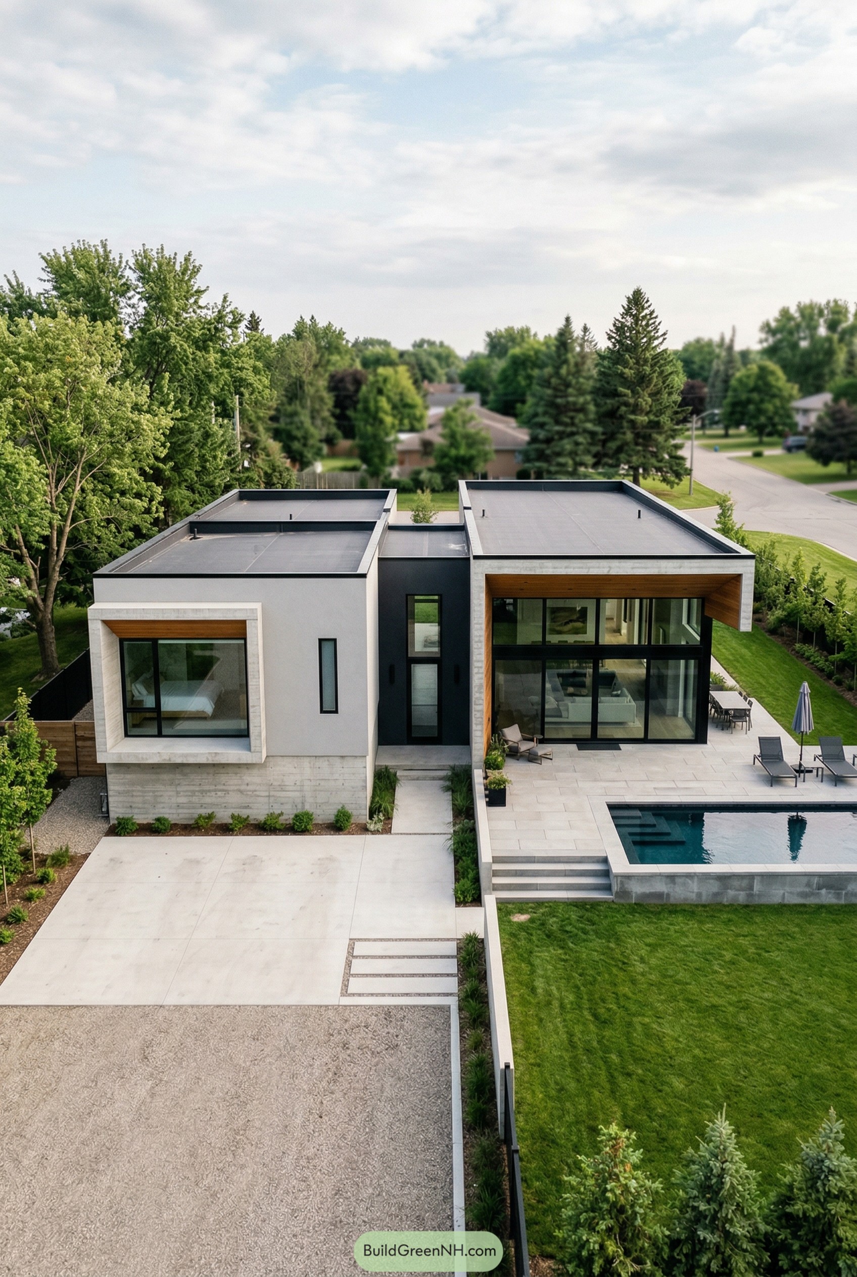 Flat roof modern house with pool terrace